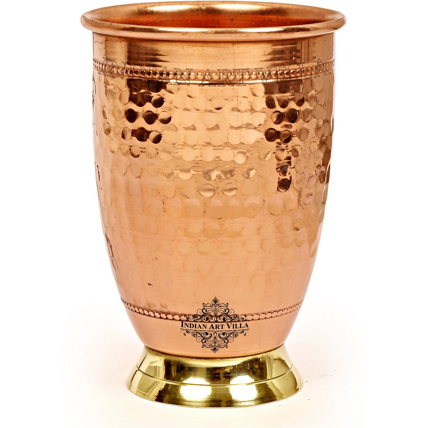 IndianArtVilla Copper Hammered Designer Glass Tumbler With Brass Bottom 15 Oz