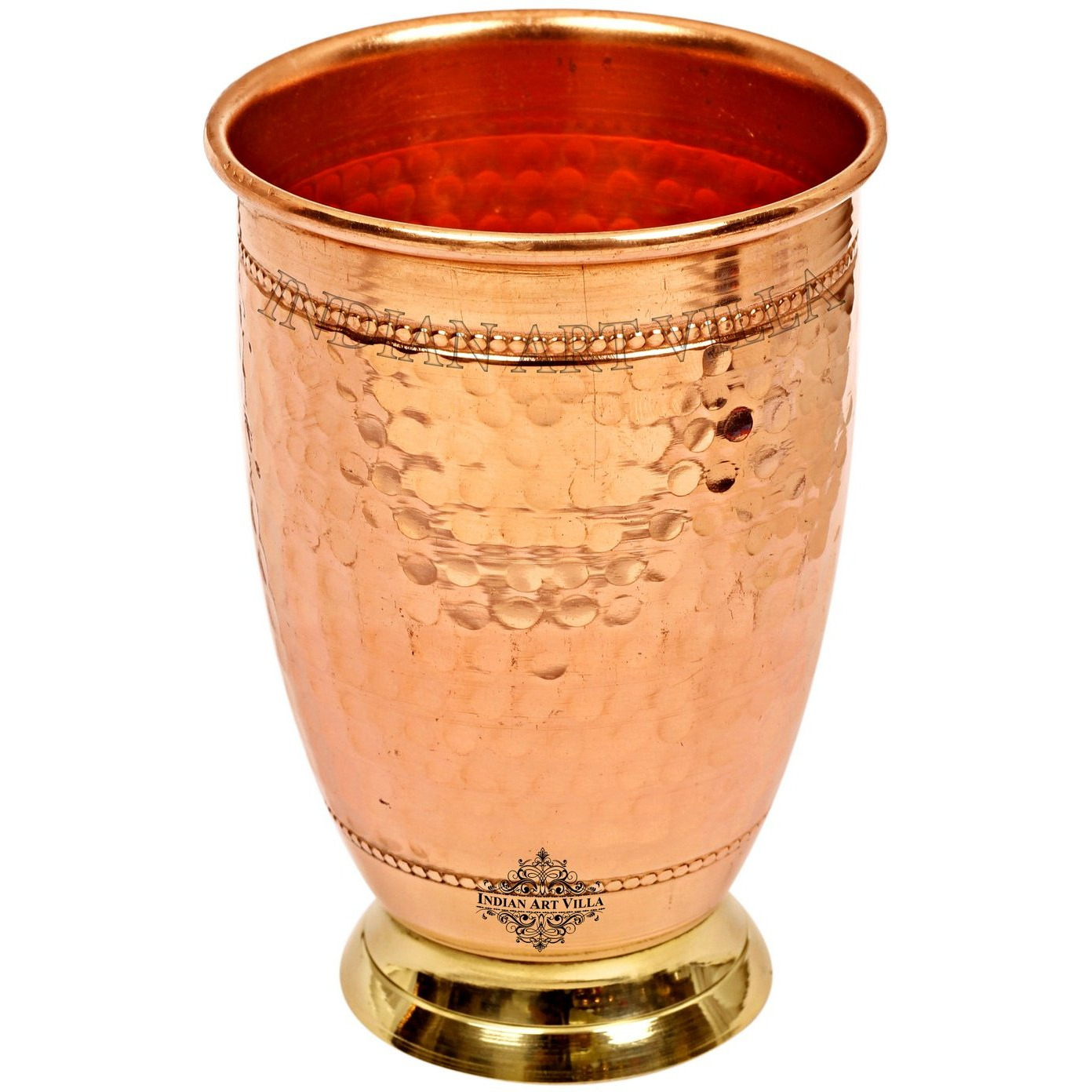 IndianArtVilla Copper Hammered Designer Glass Tumbler With Brass Bottom 15 Oz