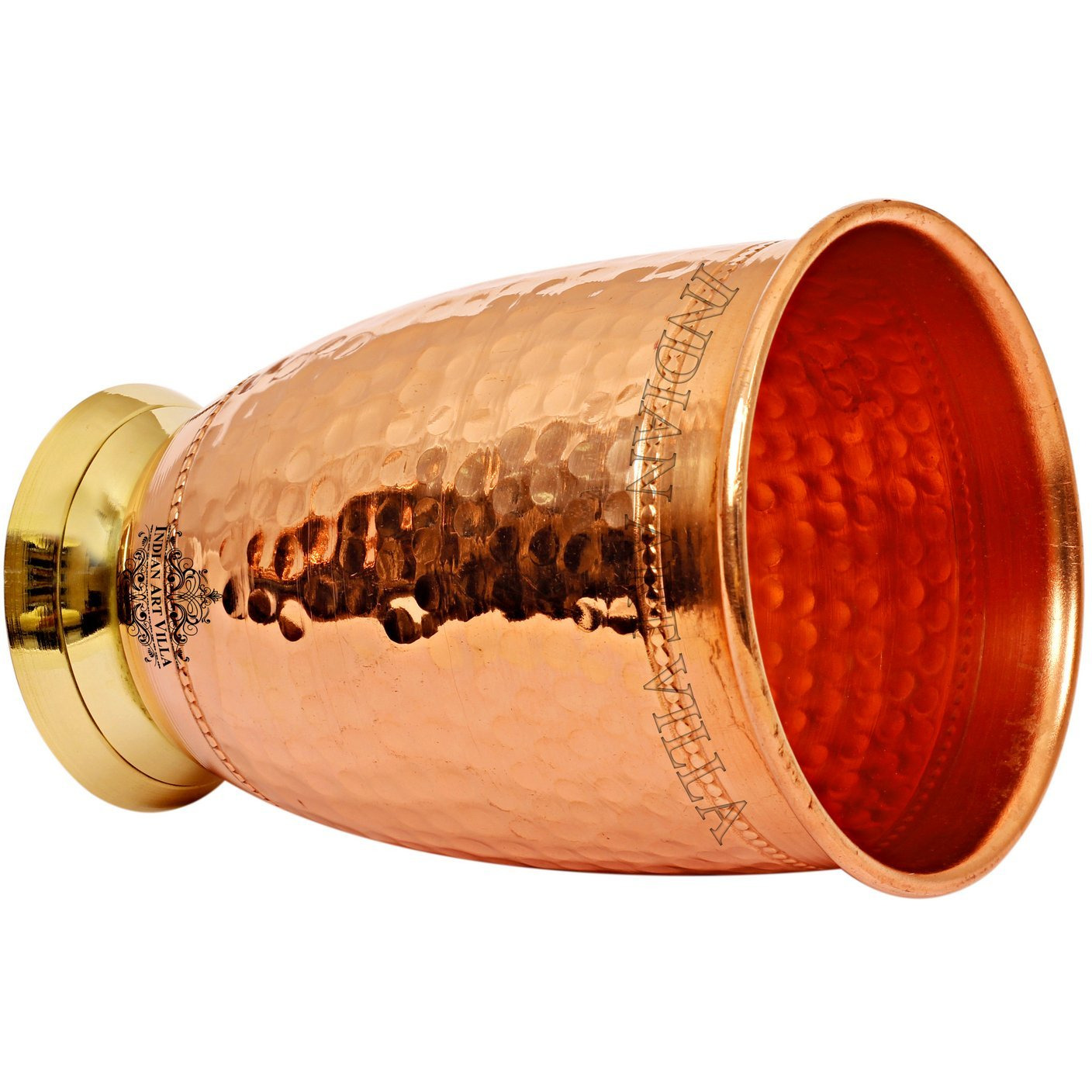 IndianArtVilla Copper Hammered Designer Glass Tumbler With Brass Bottom 15 Oz
