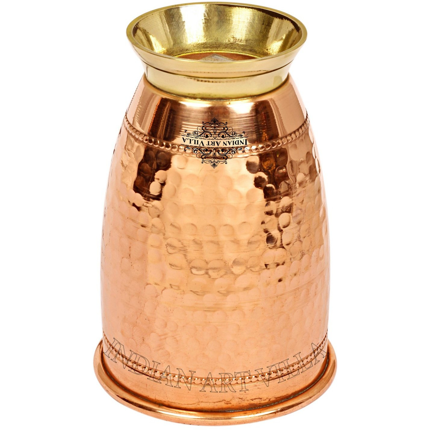 IndianArtVilla Copper Hammered Designer Glass Tumbler With Brass Bottom 15 Oz