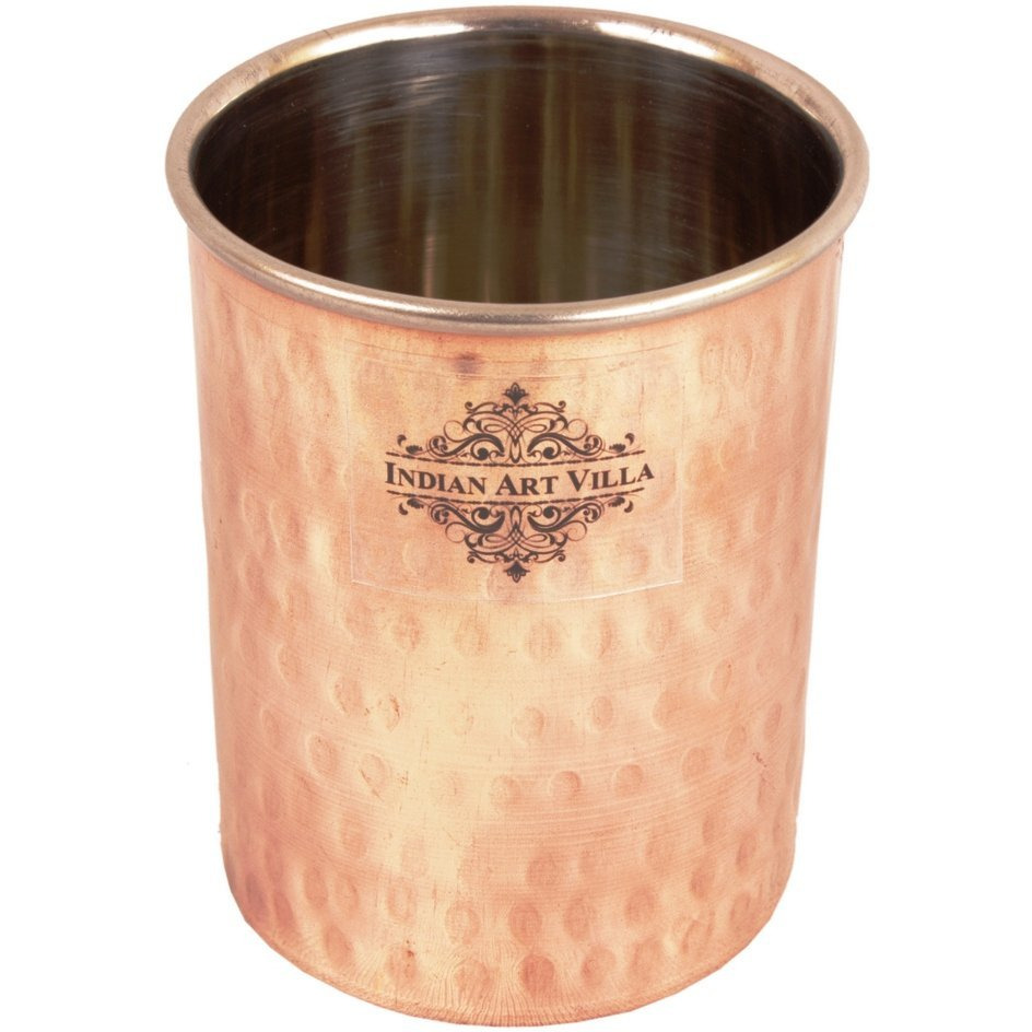 IndianArtVilla Steel Copper Flat Hammered Glass Tumbler, 10 Oz