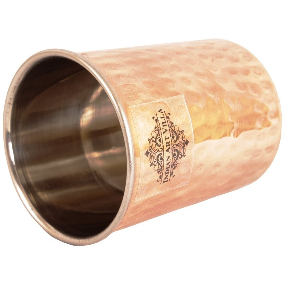 IndianArtVilla Steel Copper Flat Hammered Glass Tumbler, 10 Oz