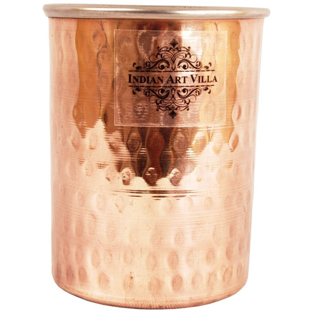 IndianArtVilla Steel Copper Flat Hammered Glass Tumbler, 10 Oz