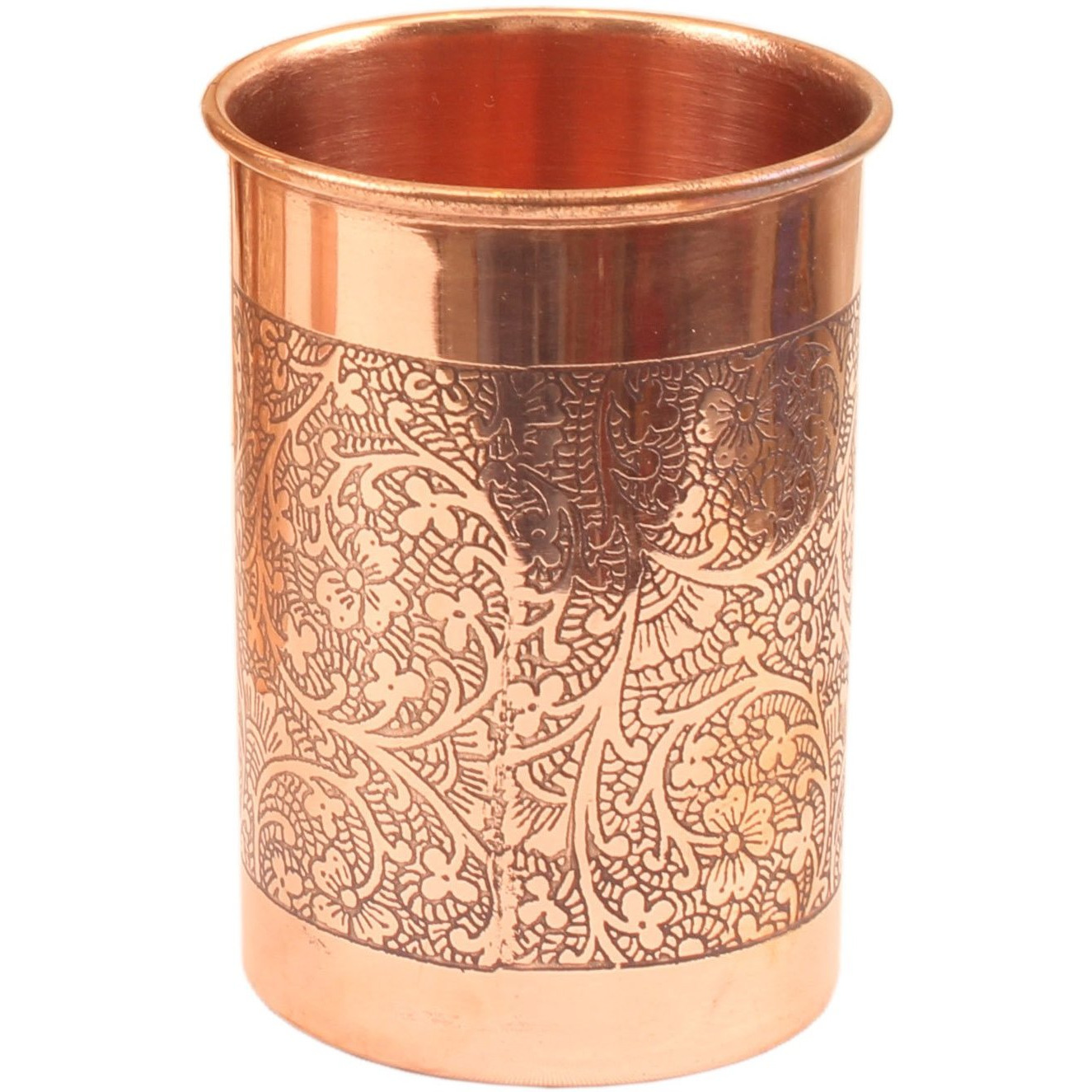 IndianArtVilla Copper Embossed Design Glass Tumbler, 10 Oz