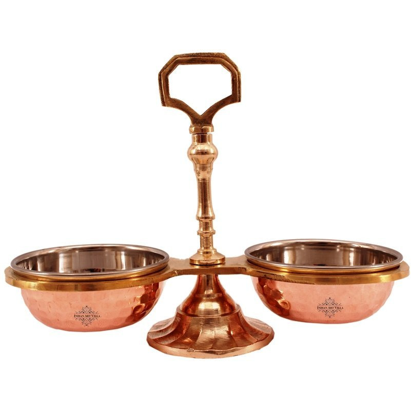 IndianArtVilla Steel Copper Pickel Set of 2 Bowl Compartment, 3Oz