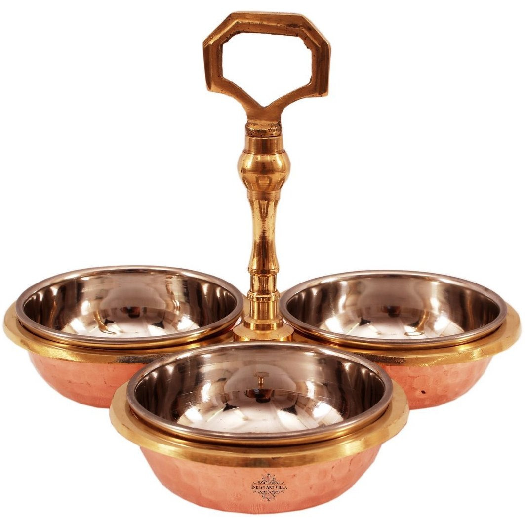 IndianArtVilla Steel Copper Pickel Set of 3 Bowl Compartment, 3Oz