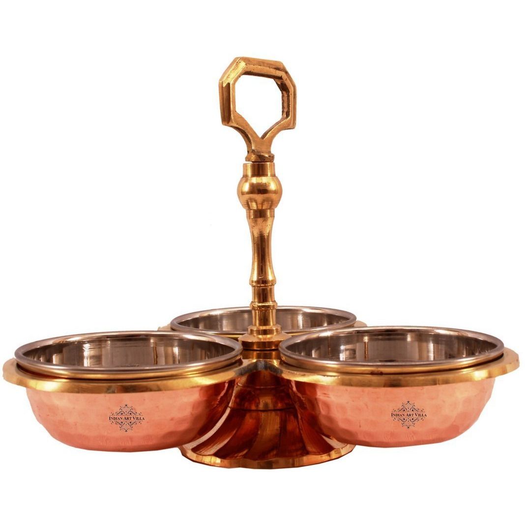 IndianArtVilla Steel Copper Pickel Set of 3 Bowl Compartment, 3Oz