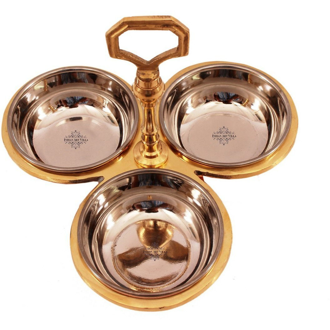 IndianArtVilla Steel Copper Pickel Set of 3 Bowl Compartment, 3Oz
