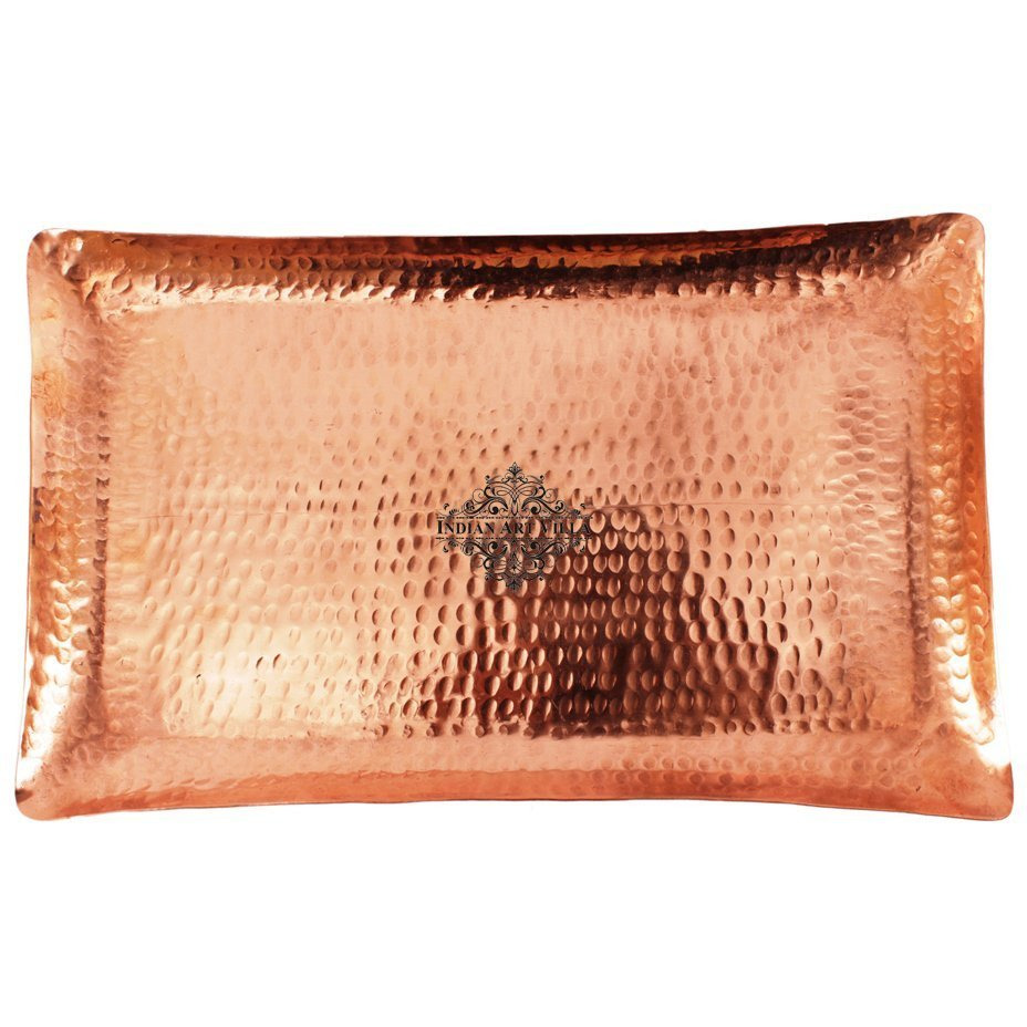 IndianArtVilla Copper Rectangular Tray - 7 x 12 Inch
