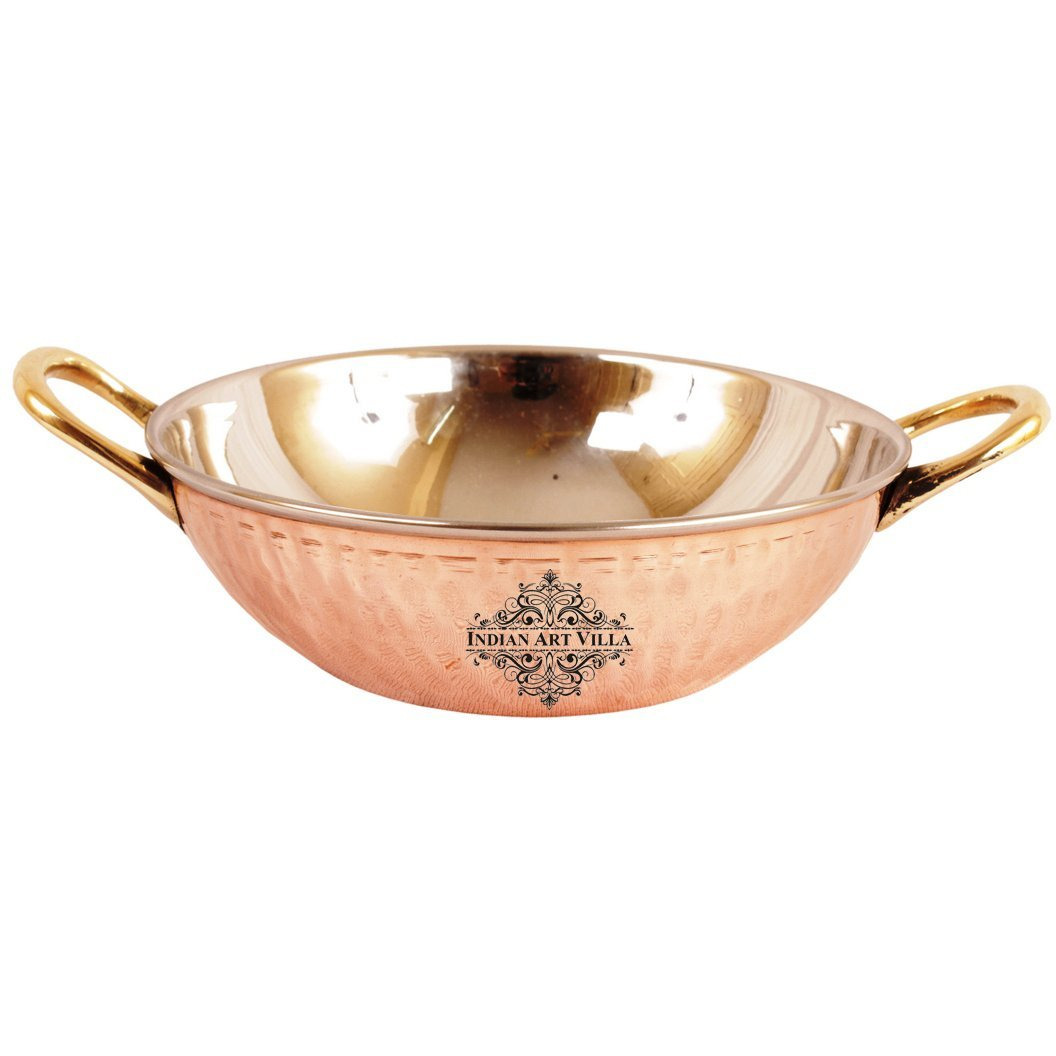 IndianArtVilla Steel Copper Kadai With Handle 16 oz