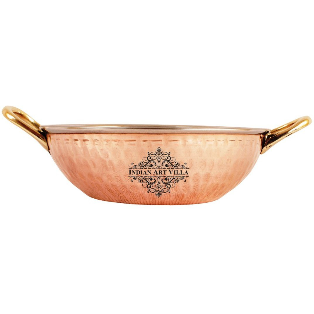IndianArtVilla Steel Copper Kadai With Handle 16 oz