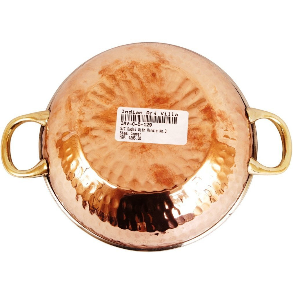 IndianArtVilla Steel Copper Kadai With Handle 16 oz