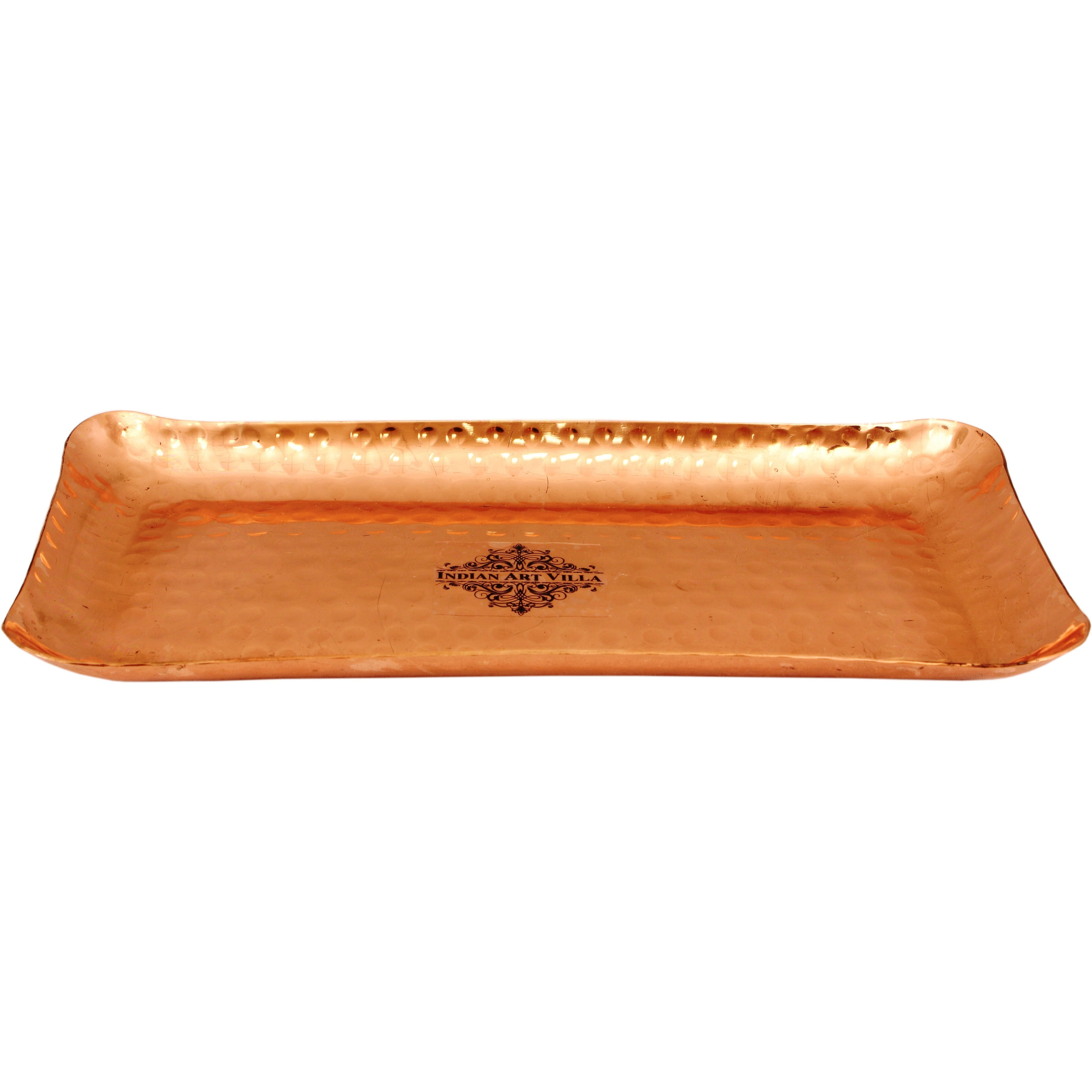 IndianArtVilla Pure Copper Hammered Rectangular Tray Platter,10'' Inch