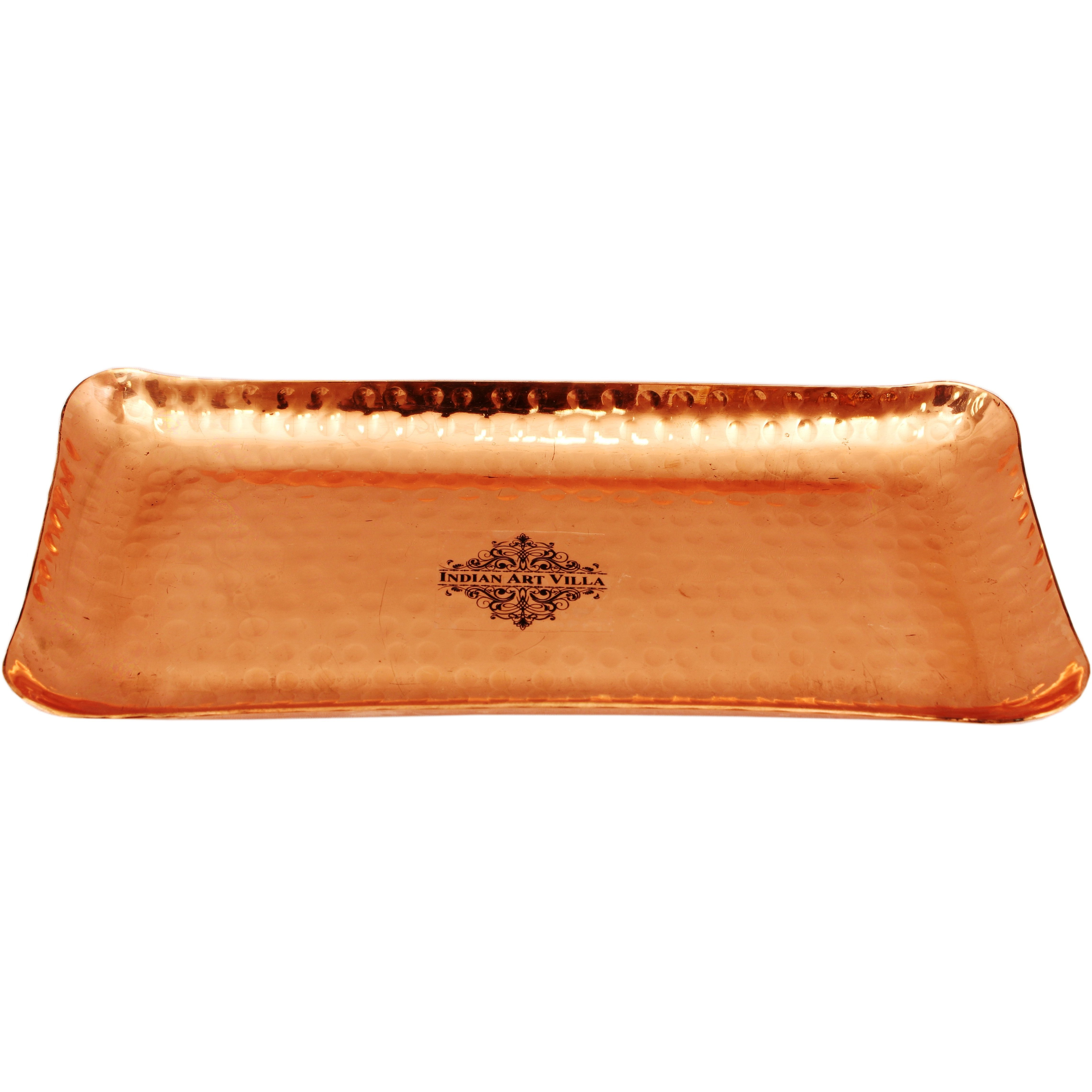 IndianArtVilla Pure Copper Hammered Rectangular Tray Platter,10'' Inch