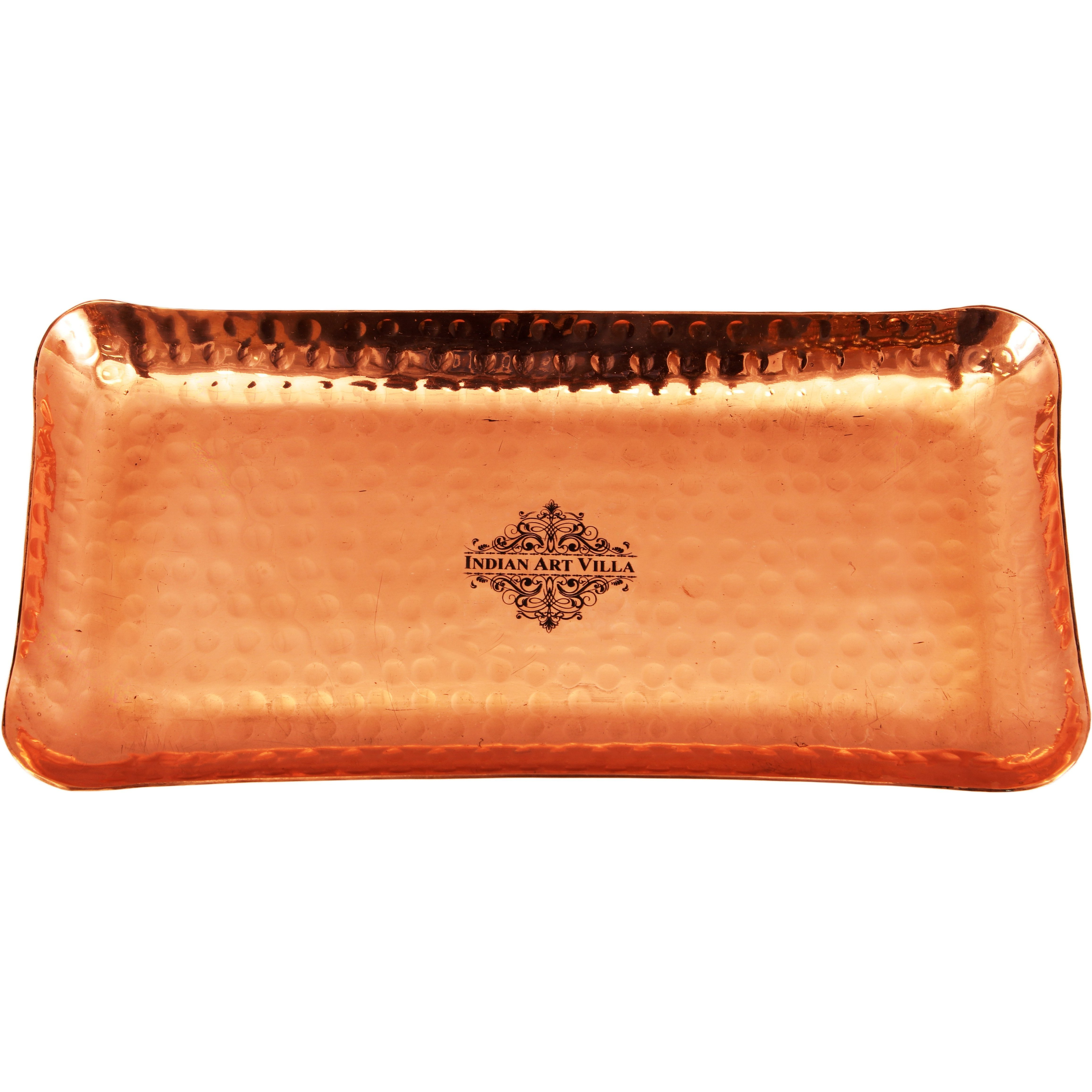 IndianArtVilla Pure Copper Hammered Rectangular Tray Platter,10'' Inch
