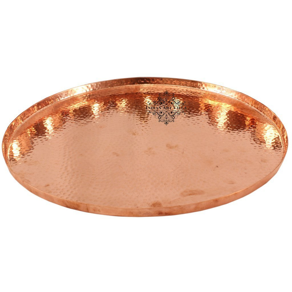 IndianArtVilla Pure Copper Hammered Round Tray Platter,12.5'' Inch