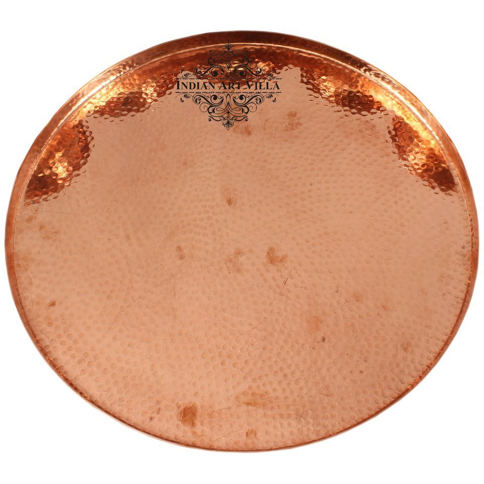 IndianArtVilla Pure Copper Hammered Round Tray Platter,12.5'' Inch