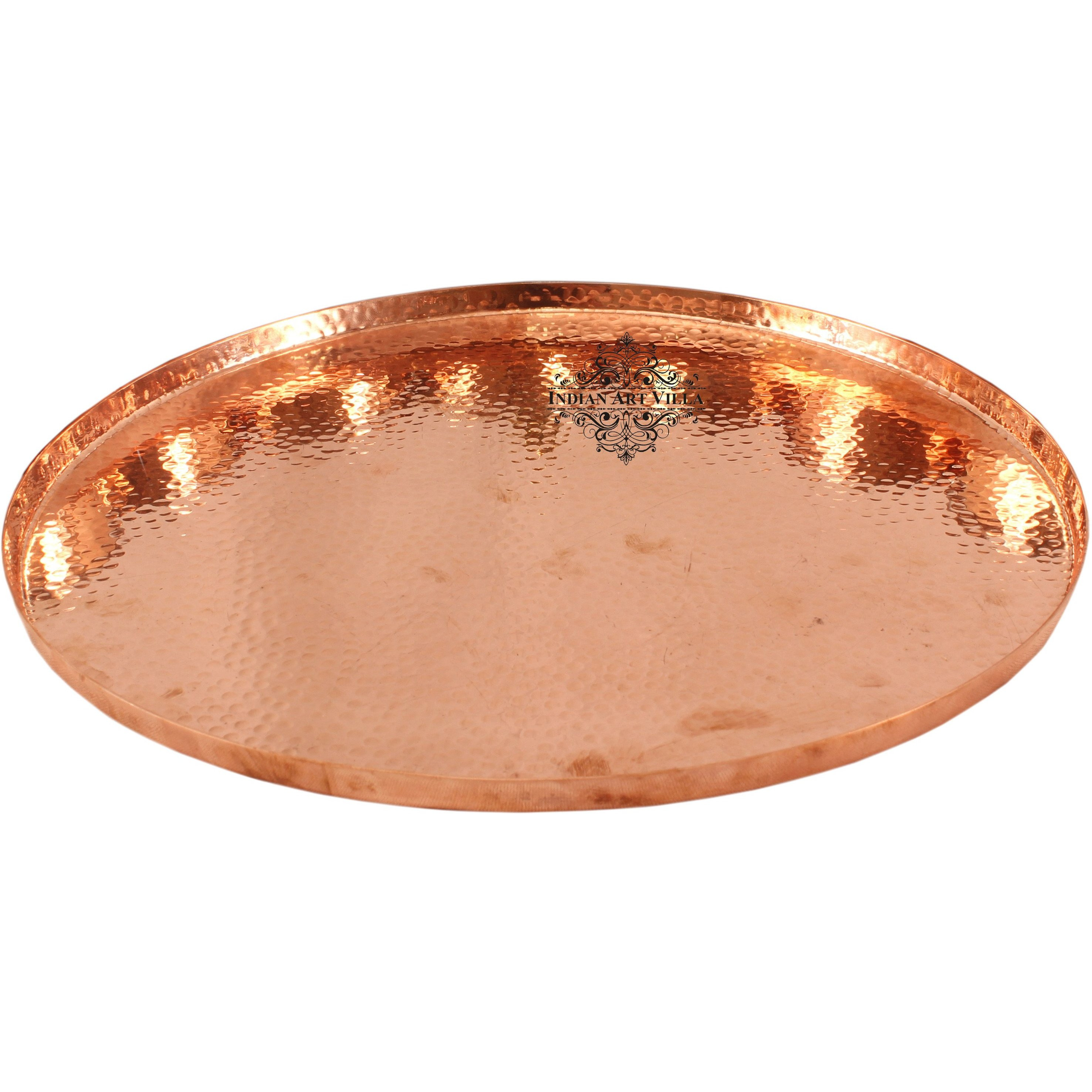 IndianArtVilla Pure Copper Hammered Round Tray Platter - 9.5 Dia