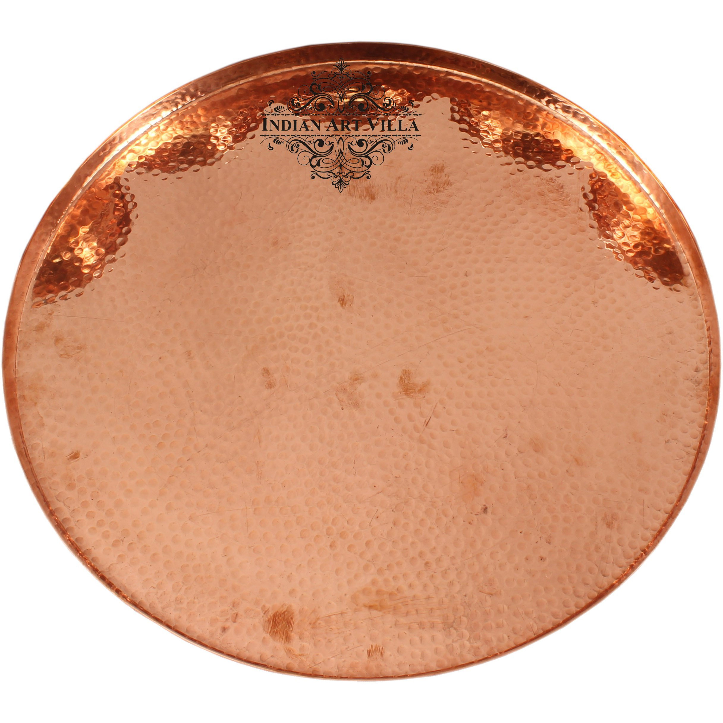 IndianArtVilla Pure Copper Hammered Round Tray Platter - 9.5 Dia