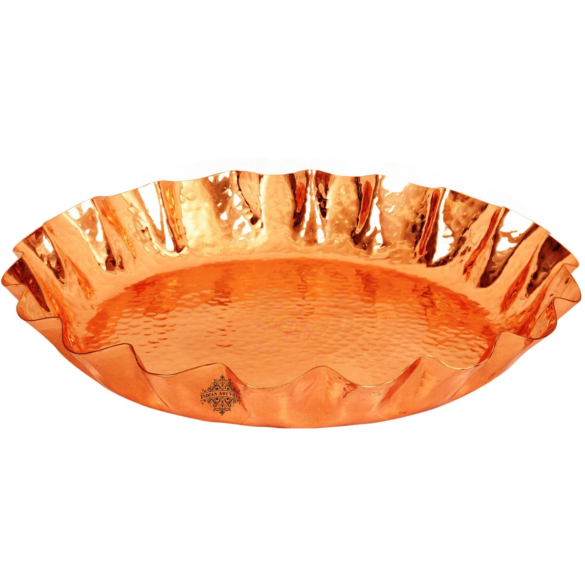 IndianArtVilla Copper Hammered Round Bread Basket Length 14 Inch