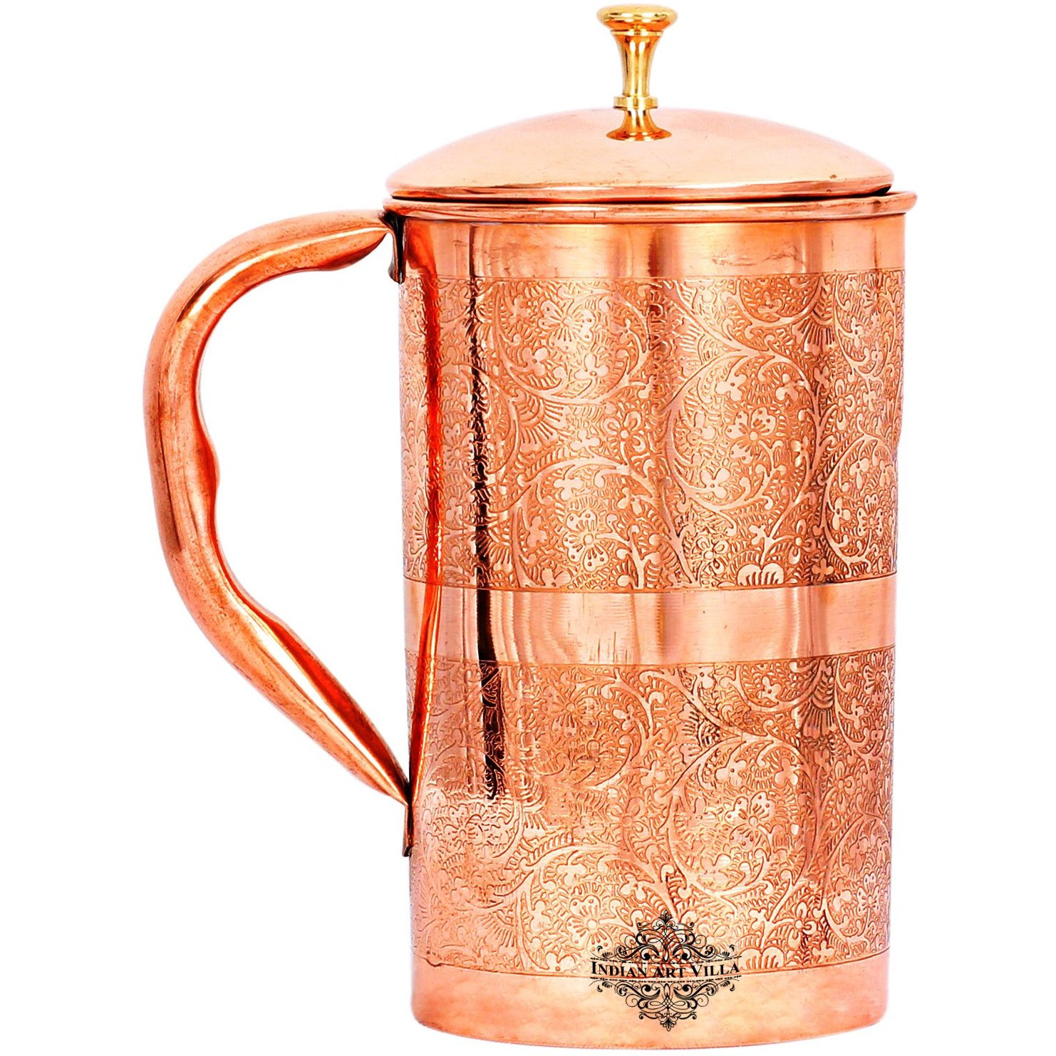 IndianArtVilla Copper Embossed Jug Pitcher with Brass lid, 40 oz