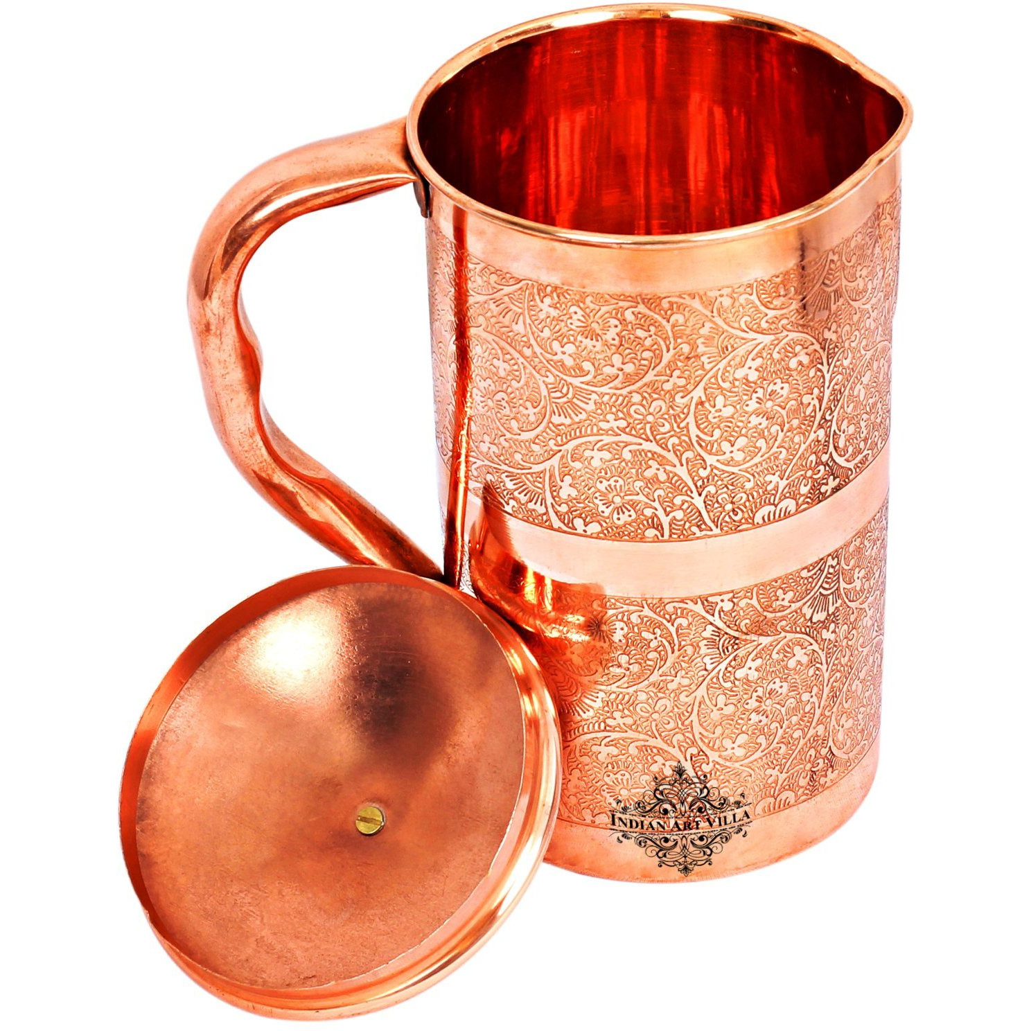 IndianArtVilla Copper Embossed Jug Pitcher with Brass lid, 40 oz