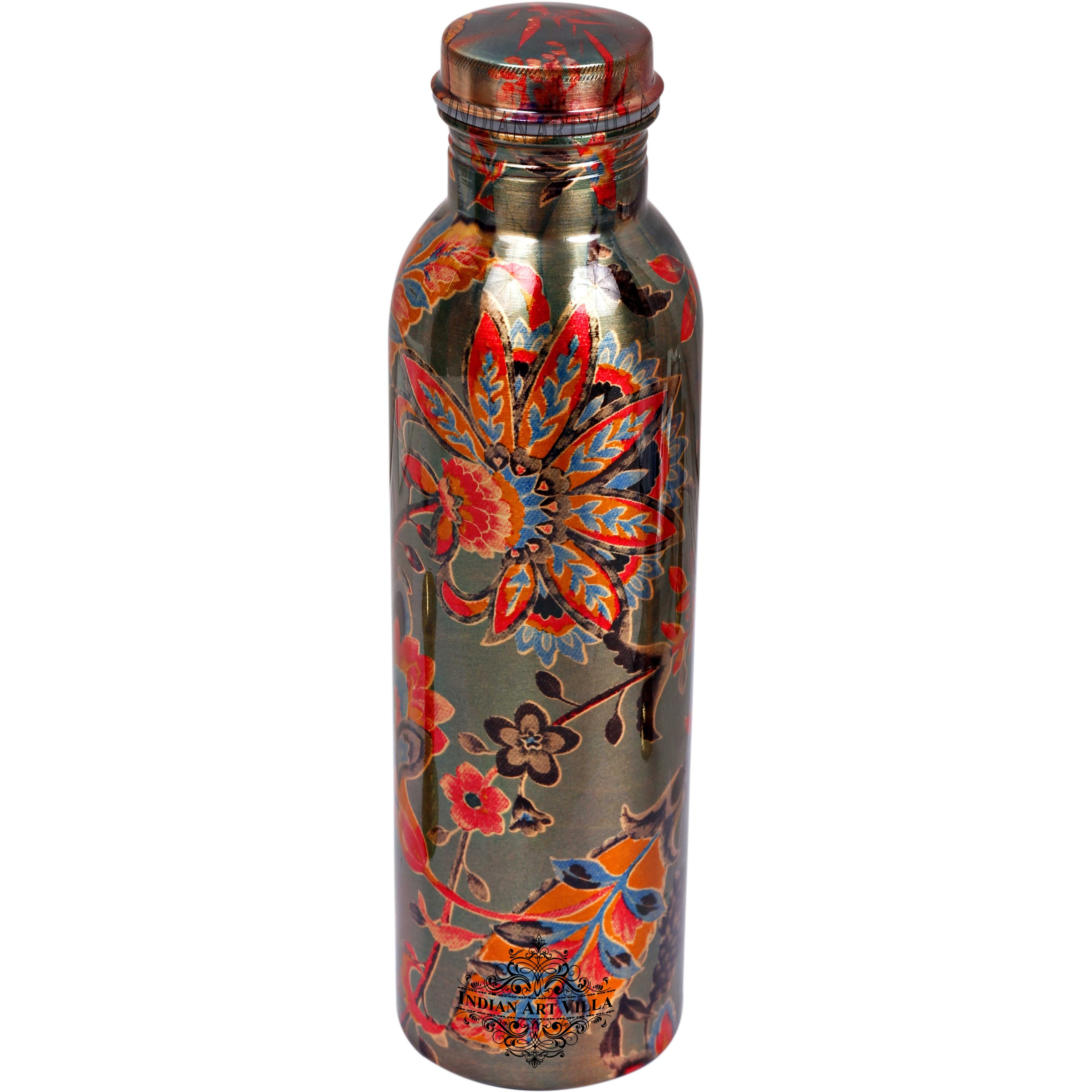 Pure IndianArtVilla Copper Flower Printed Lacquer Bottle, 19Oz , Dusty Green