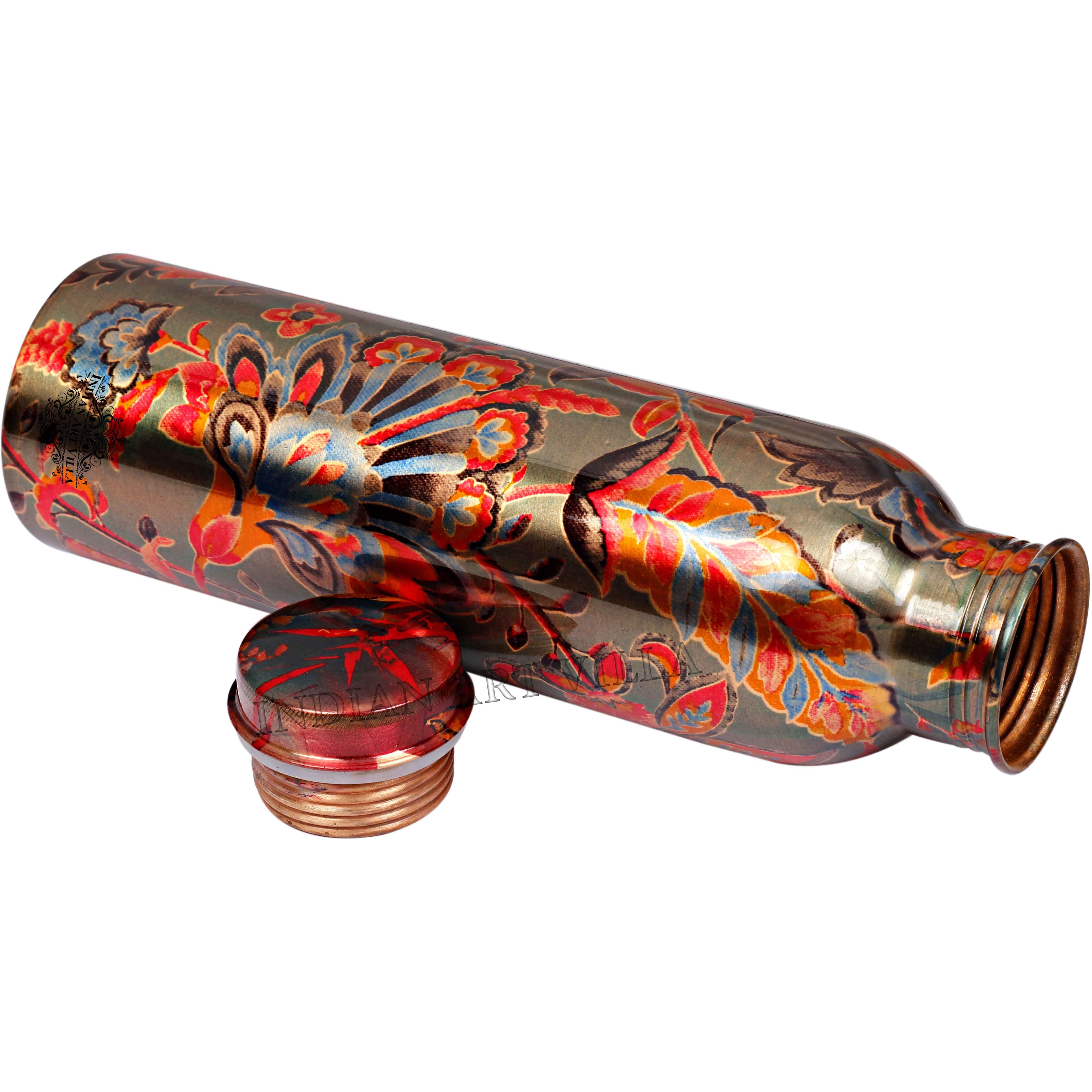 Pure IndianArtVilla Copper Flower Printed Lacquer Bottle, 19Oz , Dusty Green