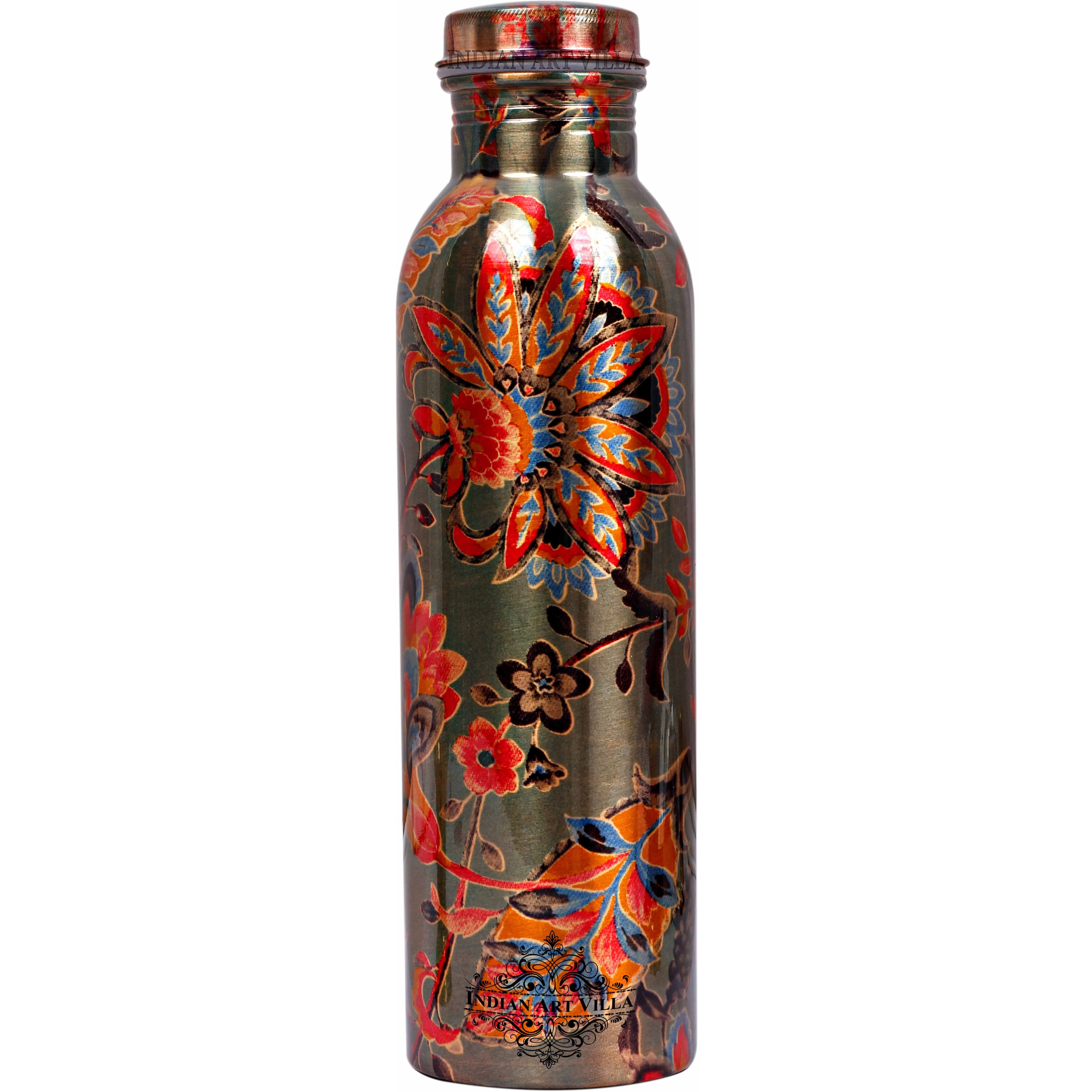 Pure IndianArtVilla Copper Flower Printed Lacquer Bottle, 33Oz , Dusty Green