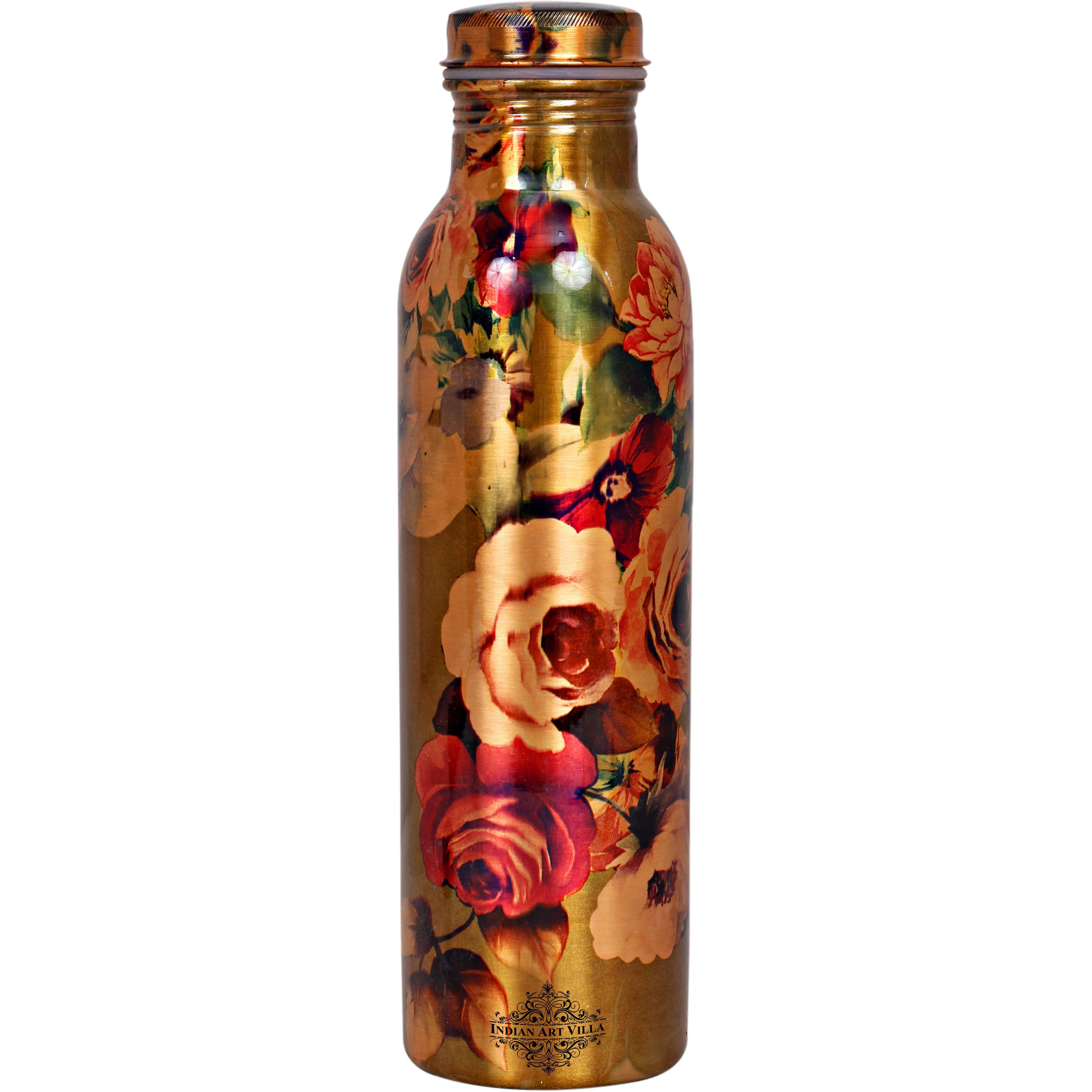 IndianArtVilla Copper Printed Flower Design Bottle, 19Oz