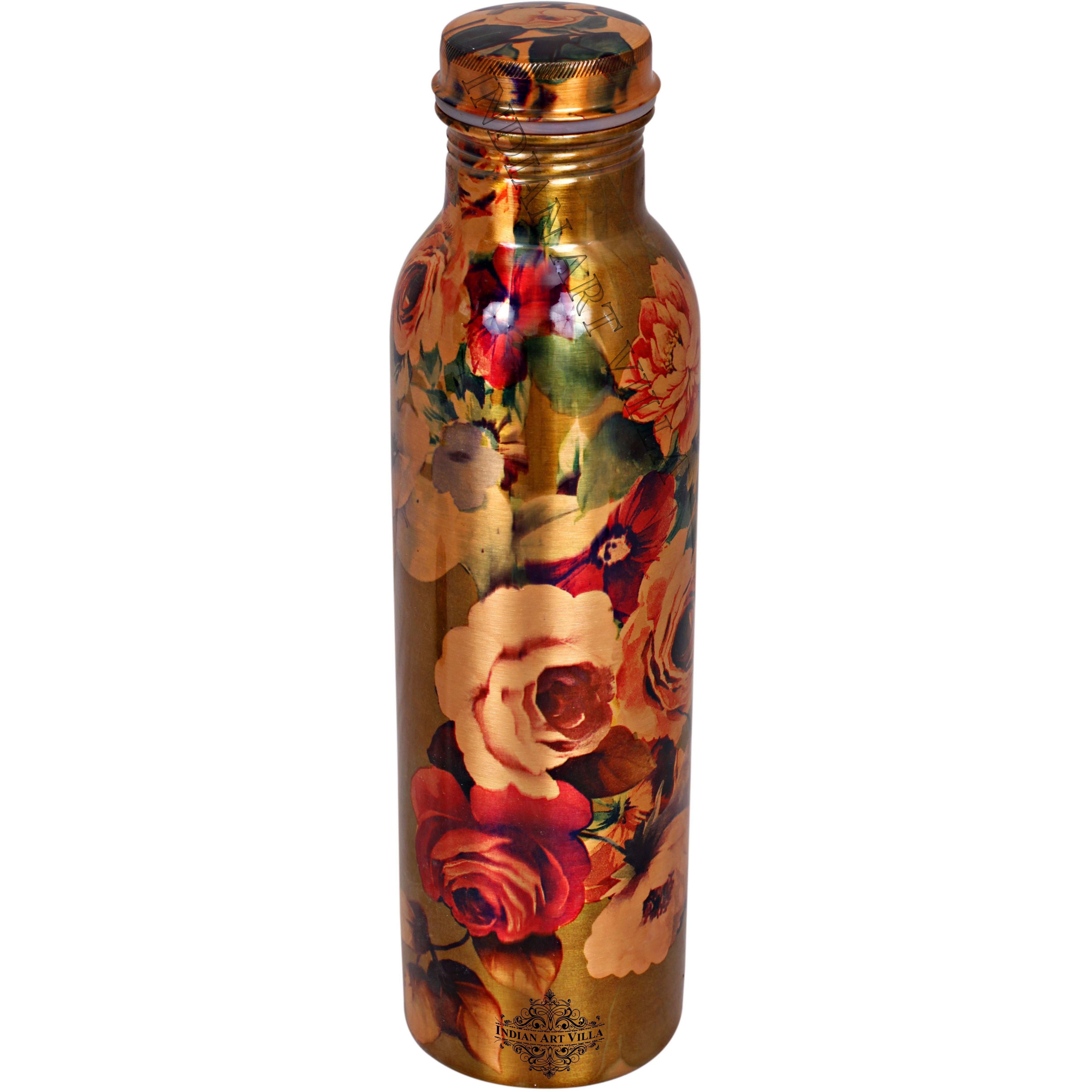 IndianArtVilla Copper Printed Flower Design Bottle, 19Oz