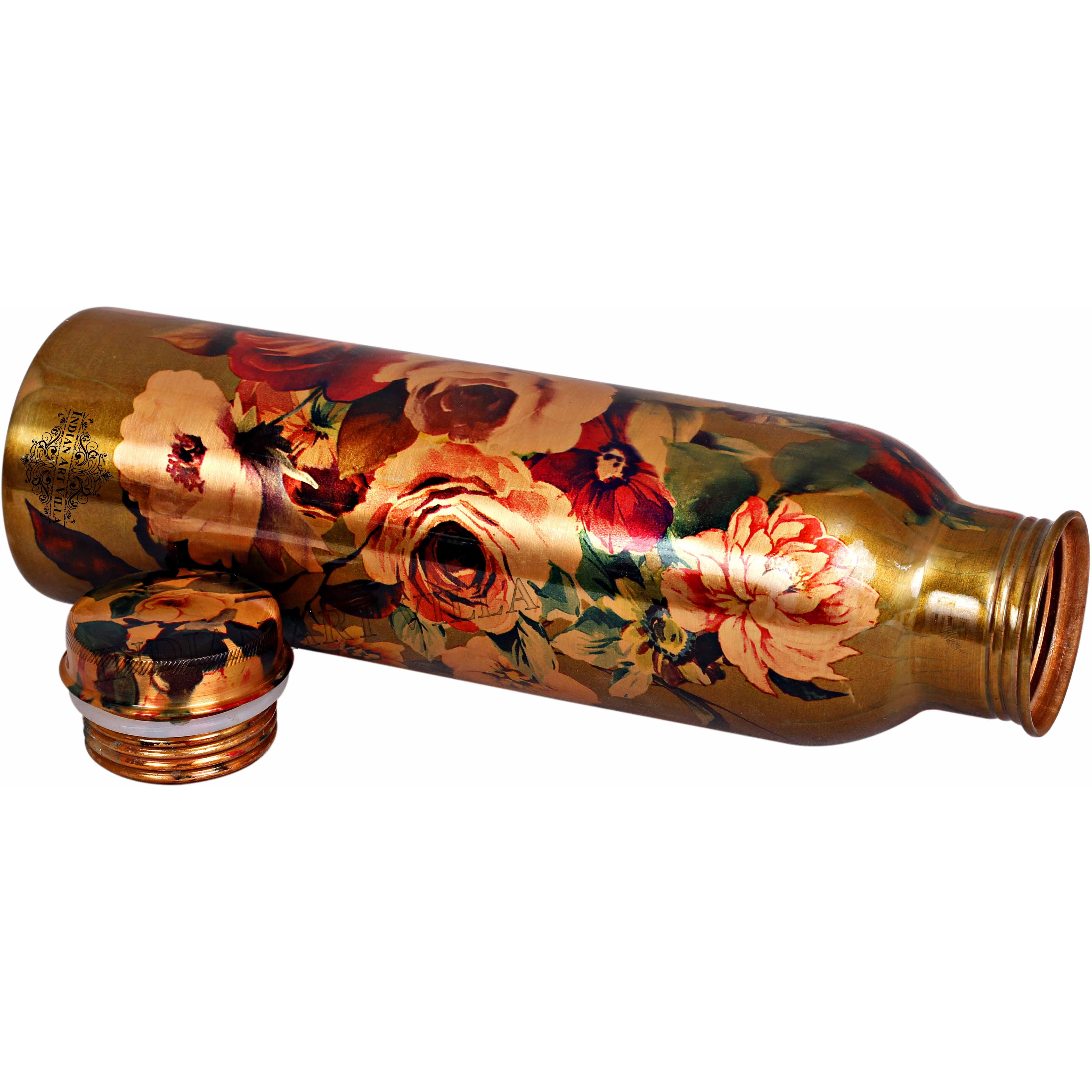 IndianArtVilla Copper Printed Flower Design Bottle, 33Oz
