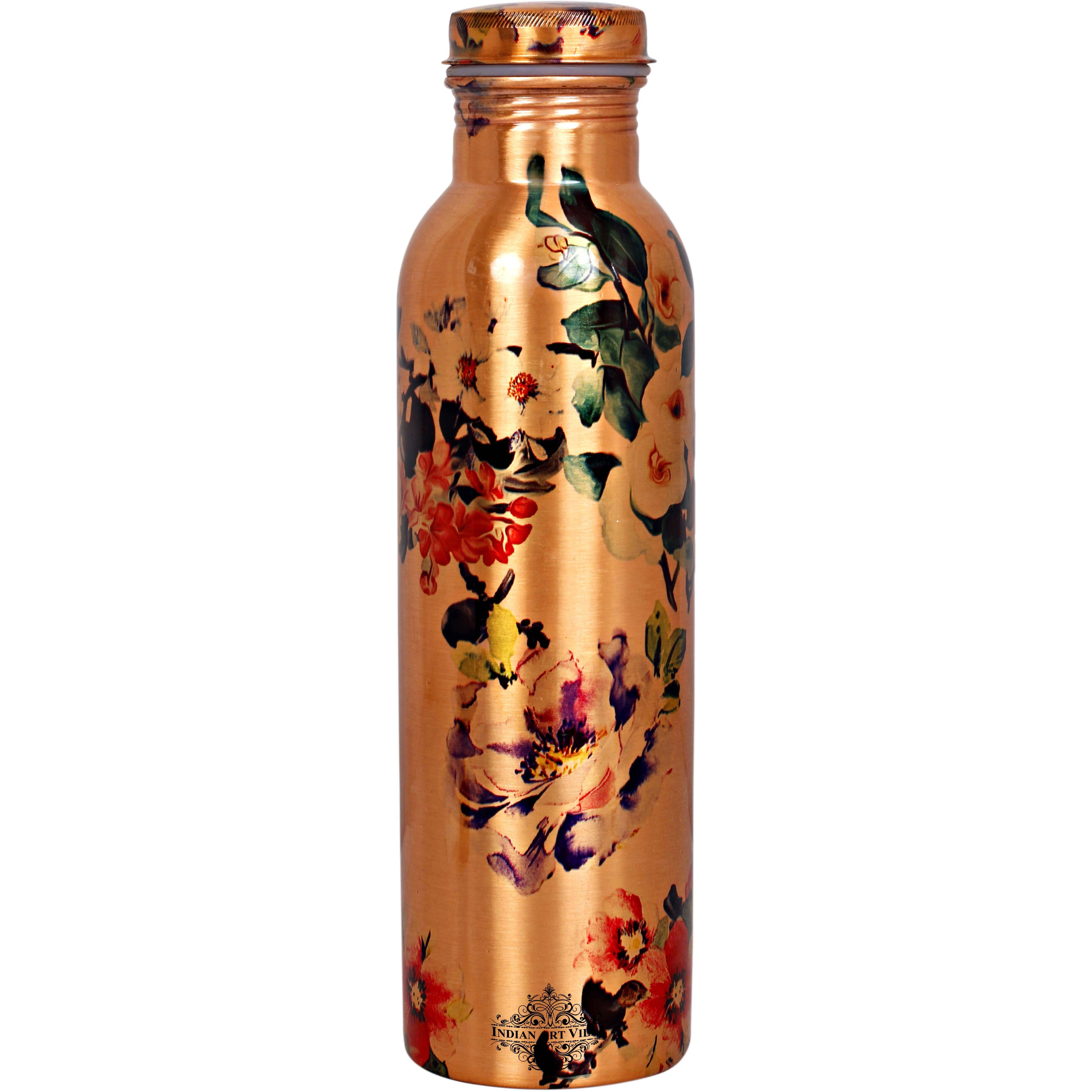 IndianArtVilla Copper Printed Flower Design Bottle, 33Oz