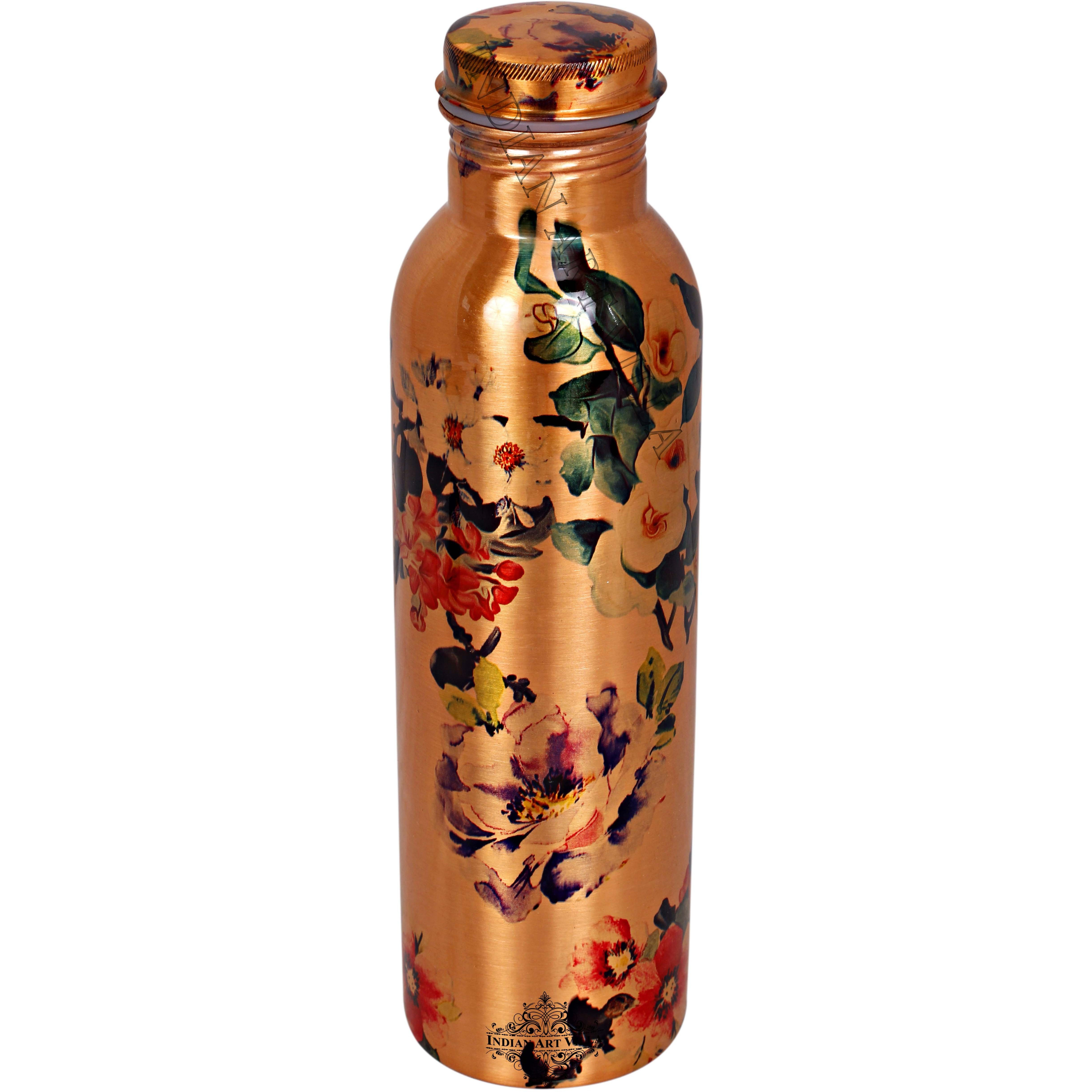 IndianArtVilla Copper Printed Flower Design Bottle, 33Oz