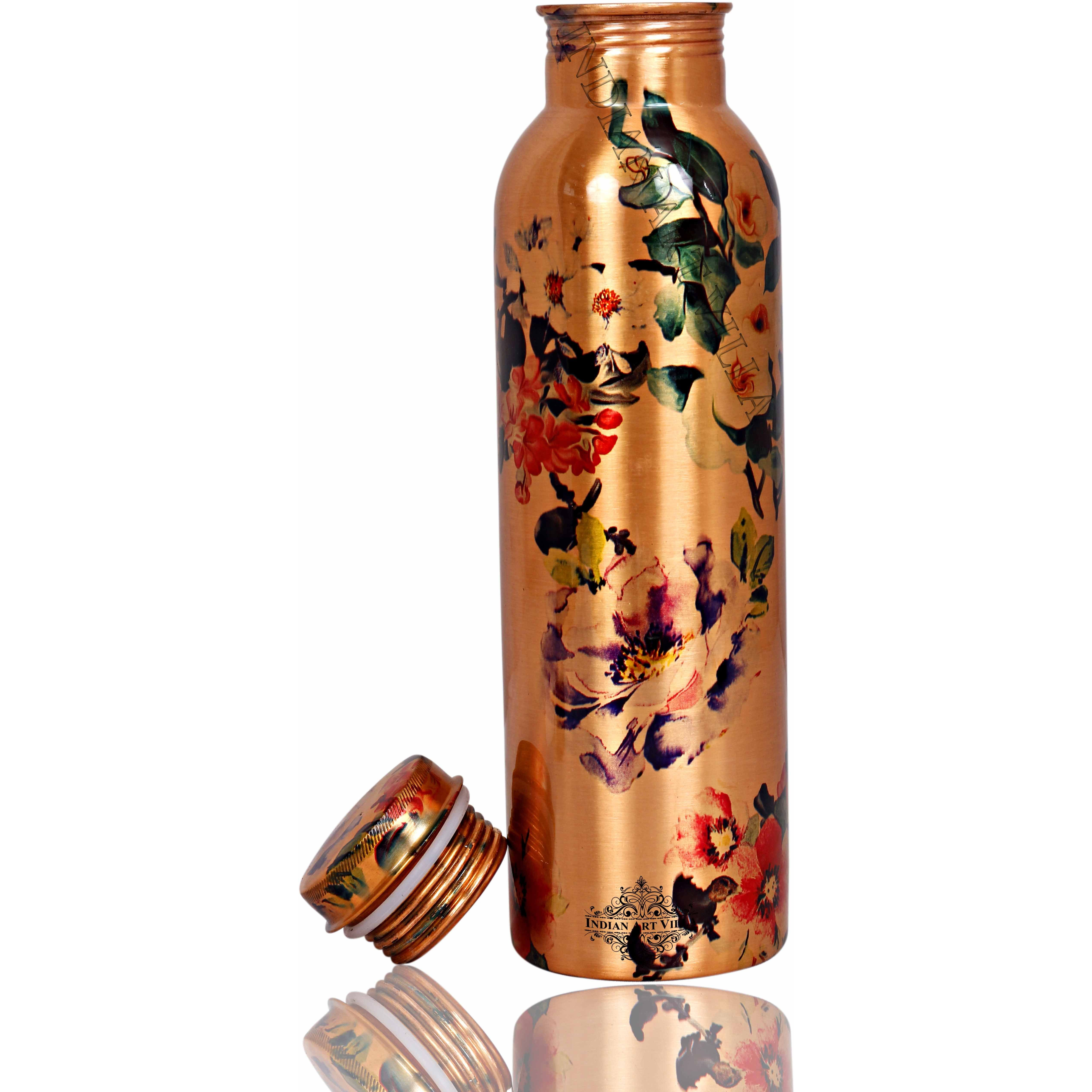 IndianArtVilla Copper Printed Flower Design Bottle, 33Oz