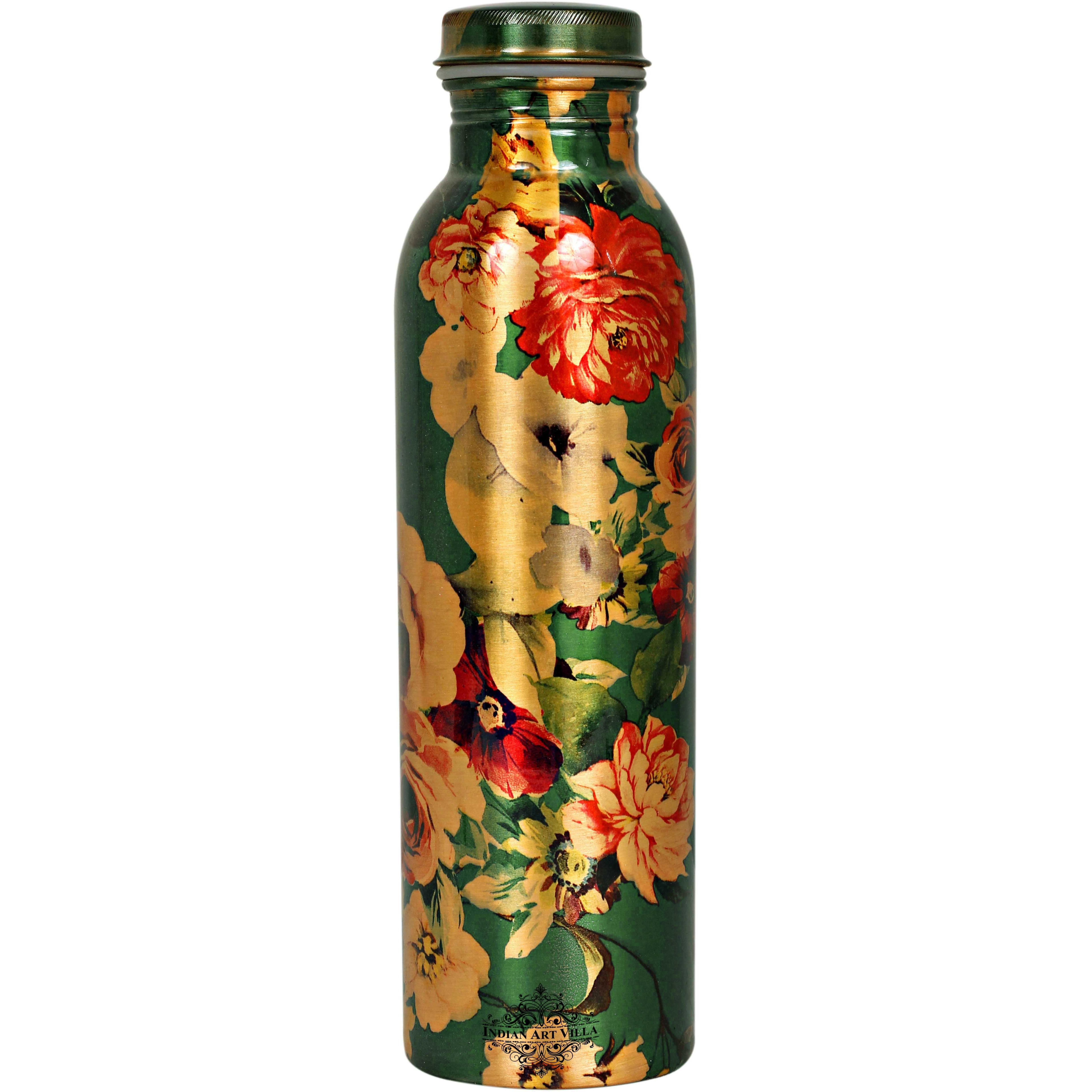 IndianArtVilla Copper Printed Flower Design Bottle, 33Oz