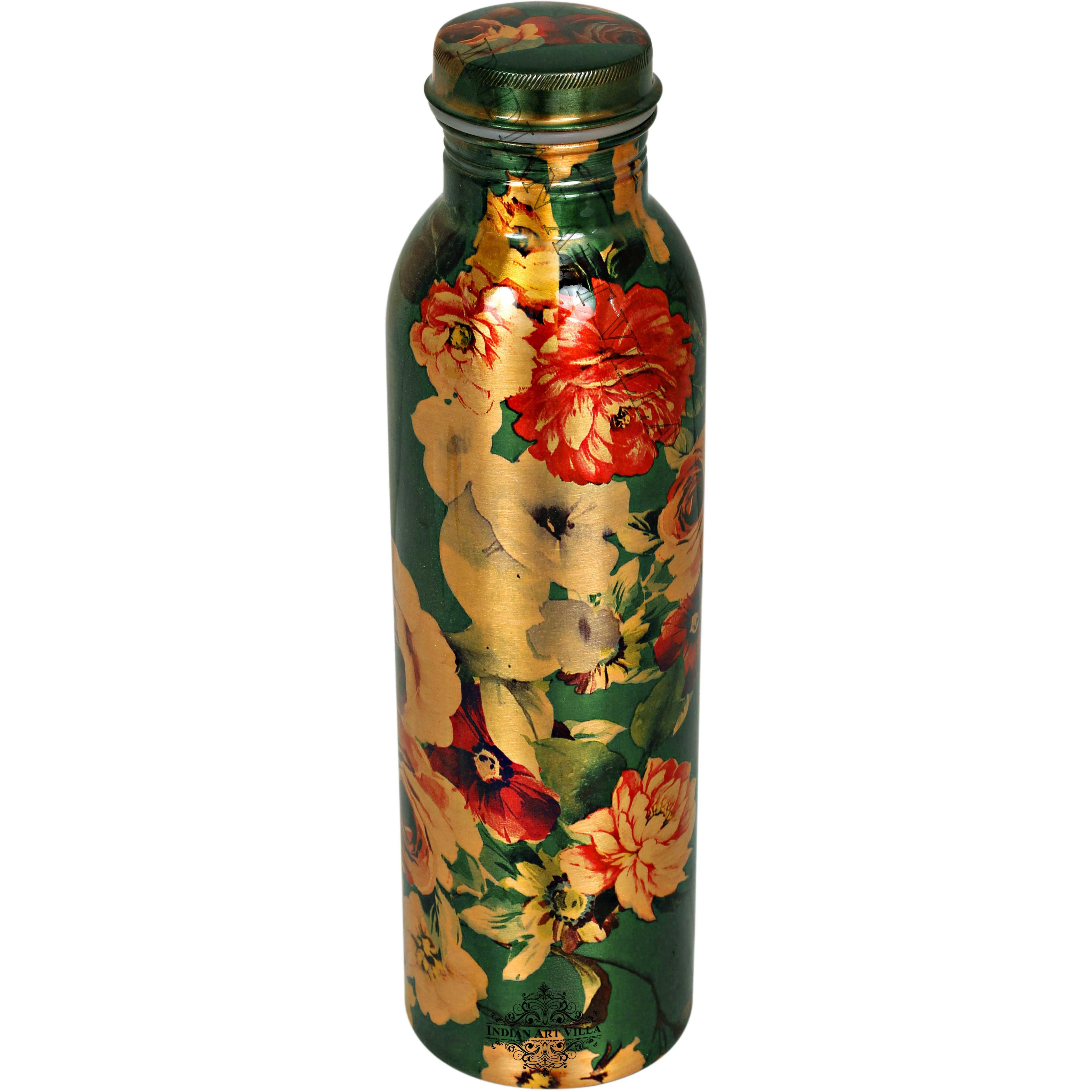IndianArtVilla Copper Printed Flower Design Bottle, 33Oz