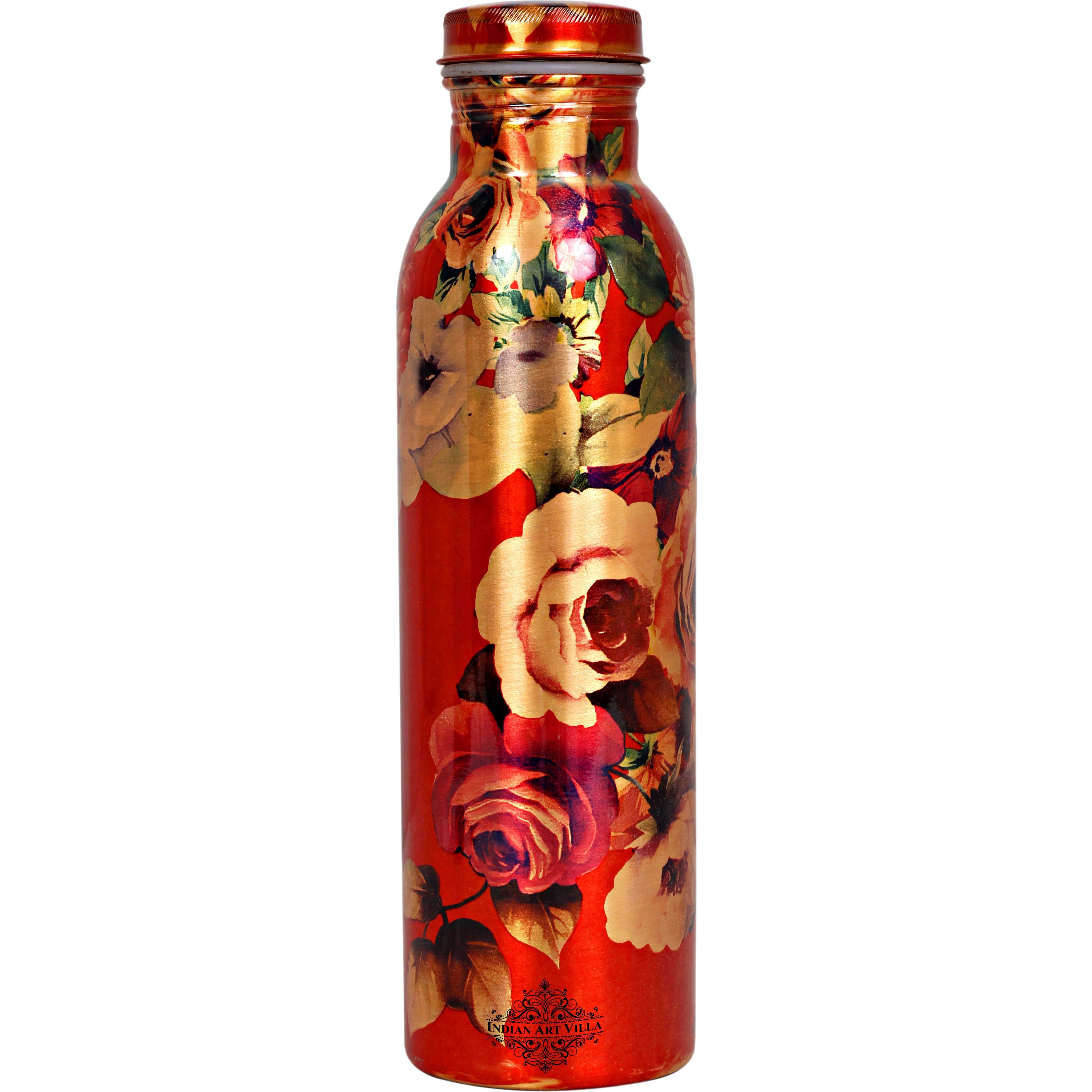 IndianArtVilla Copper Printed Flower Design Bottle, 33Oz