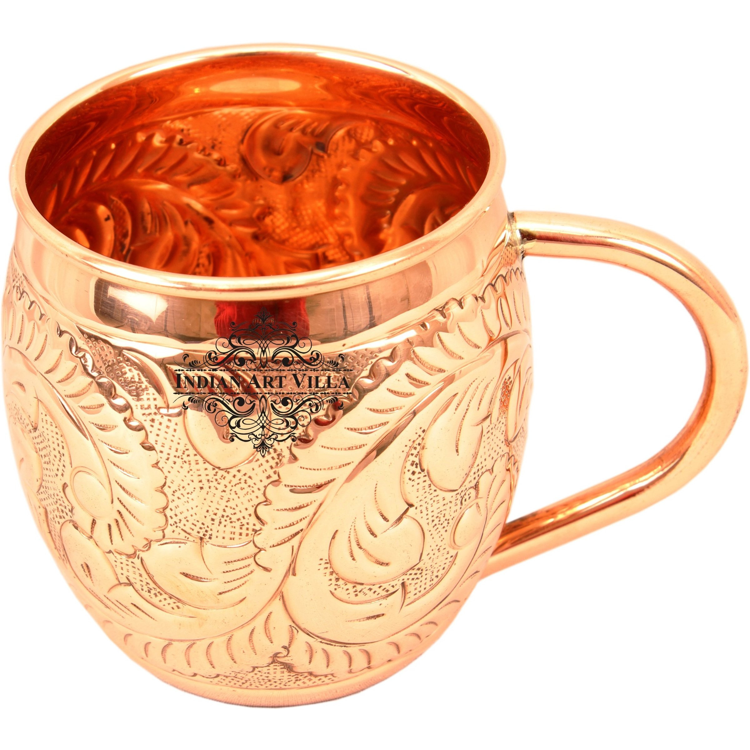 Indian Art Villa Copper Round Flower Design Mug 15 Oz