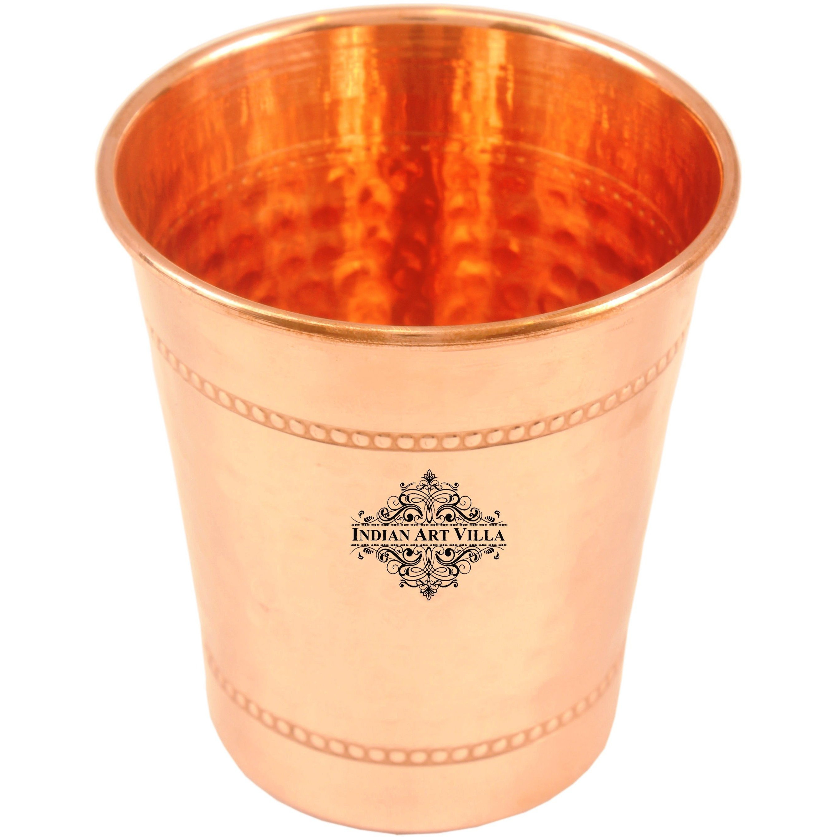 Indian Art Villa Copper Hammered Curved Glass with 2 Rings 9 Oz