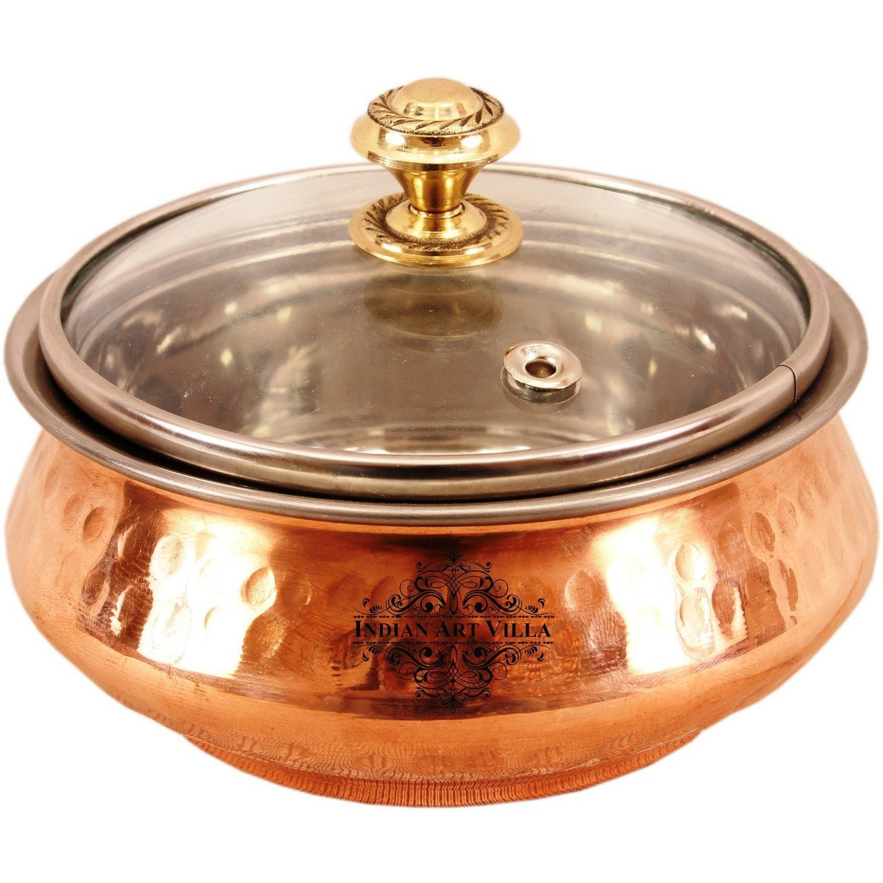 Indian Art Villa Steel Copper Mughlai Handi & Glass Lid 11 Oz
