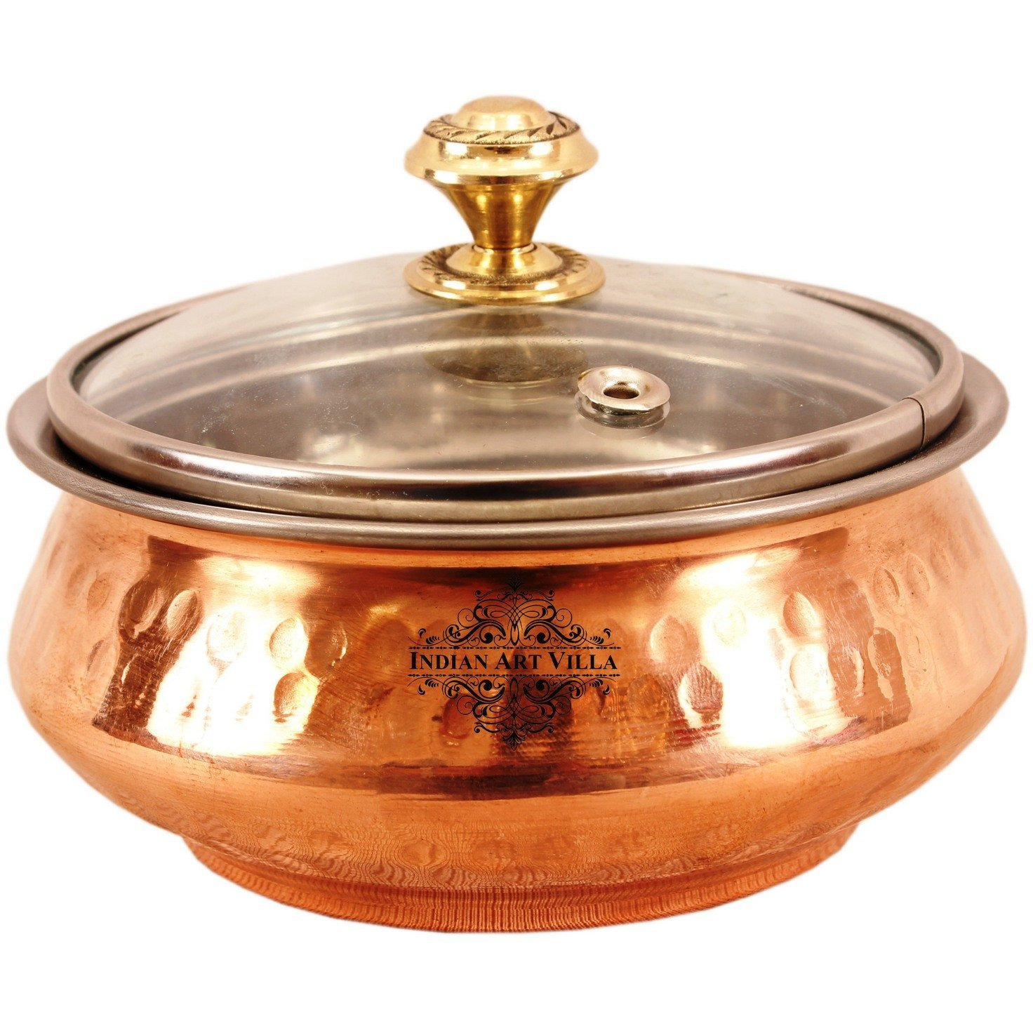 Indian Art Villa Steel Copper Mughlai Handi & Glass Lid 11 Oz