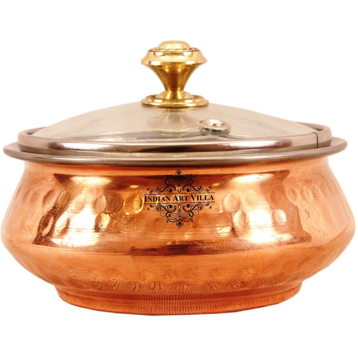 Indian Art Villa Steel Copper Mughlai Handi & Glass Lid 11 Oz