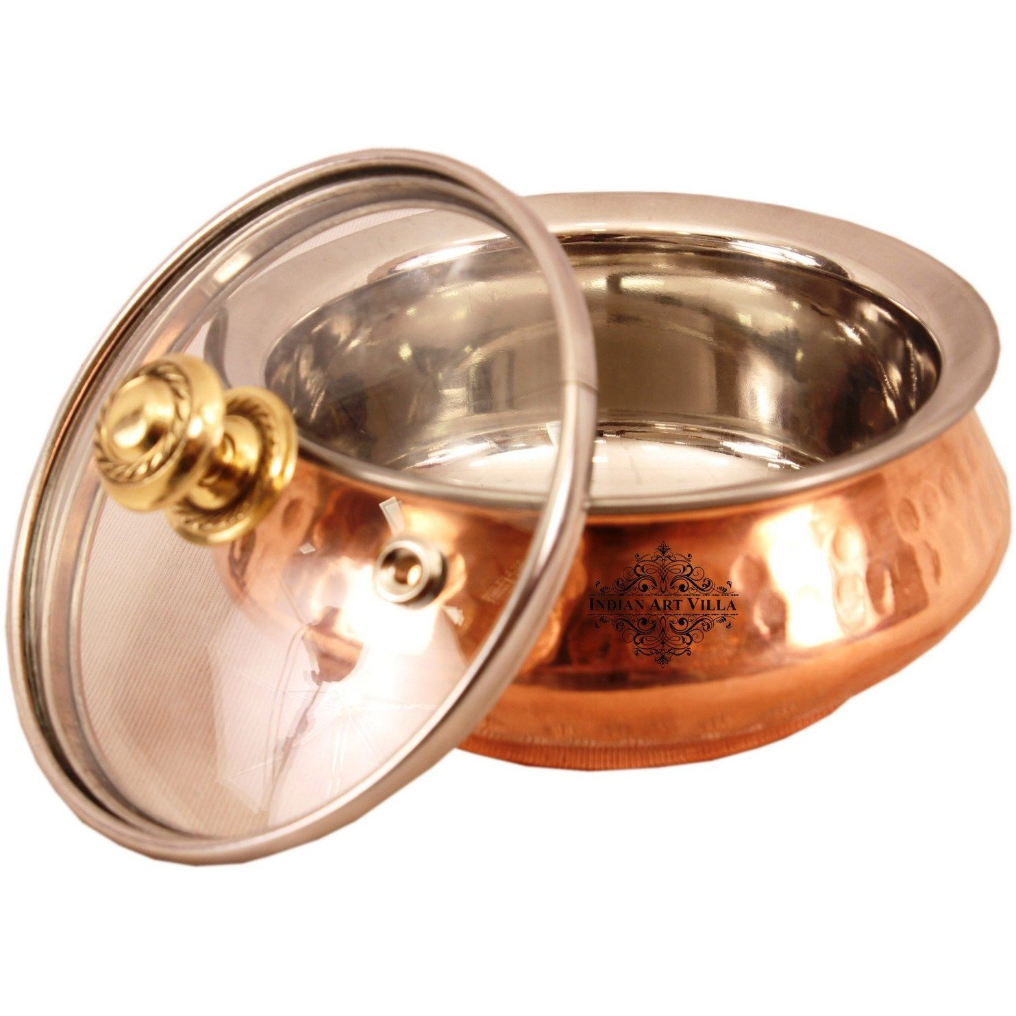 Indian Art Villa Steel Copper Mughlai Handi & Glass Lid 11 Oz