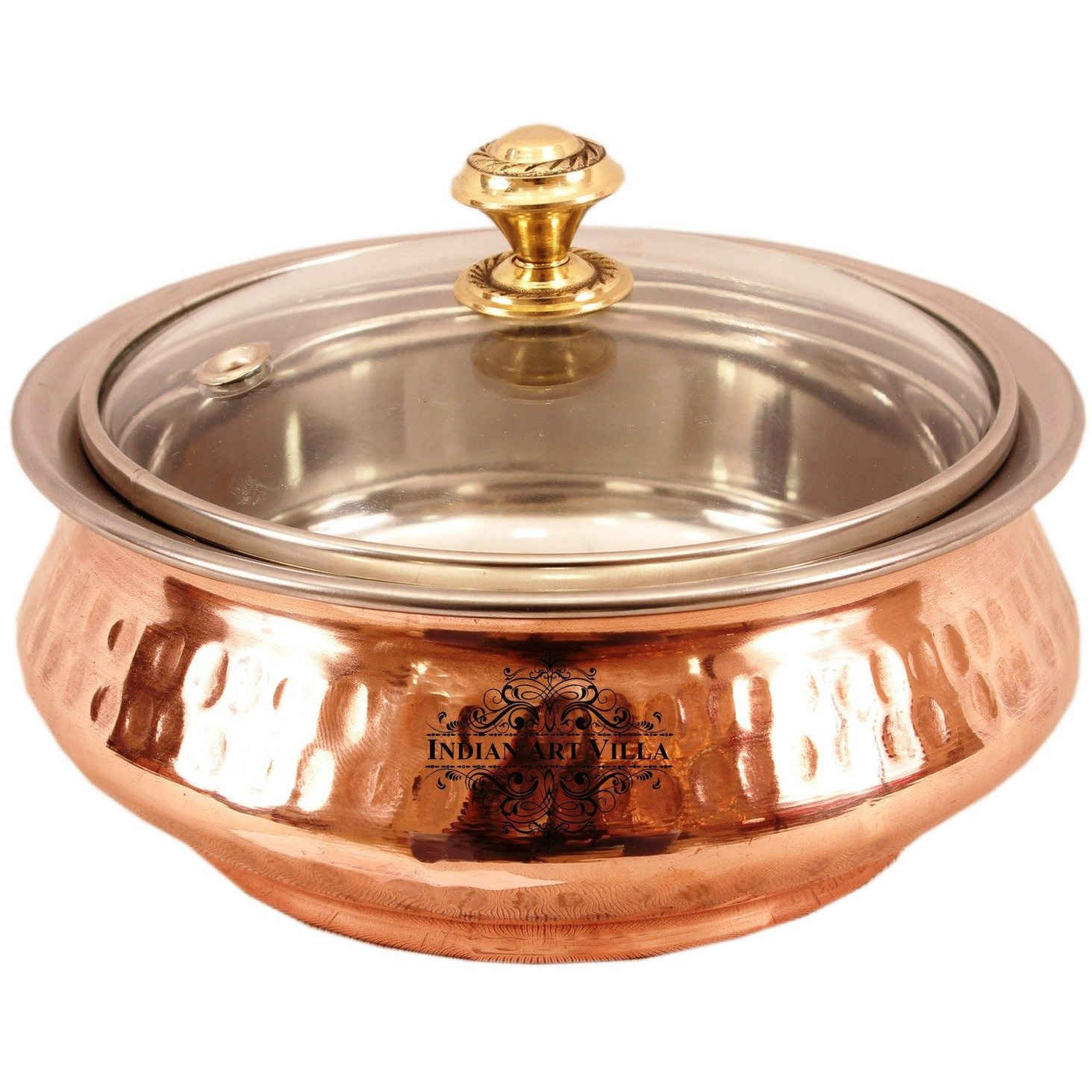 Indian Art Villa Steel Copper Mughlai Handi & Glass Lid 14 Oz