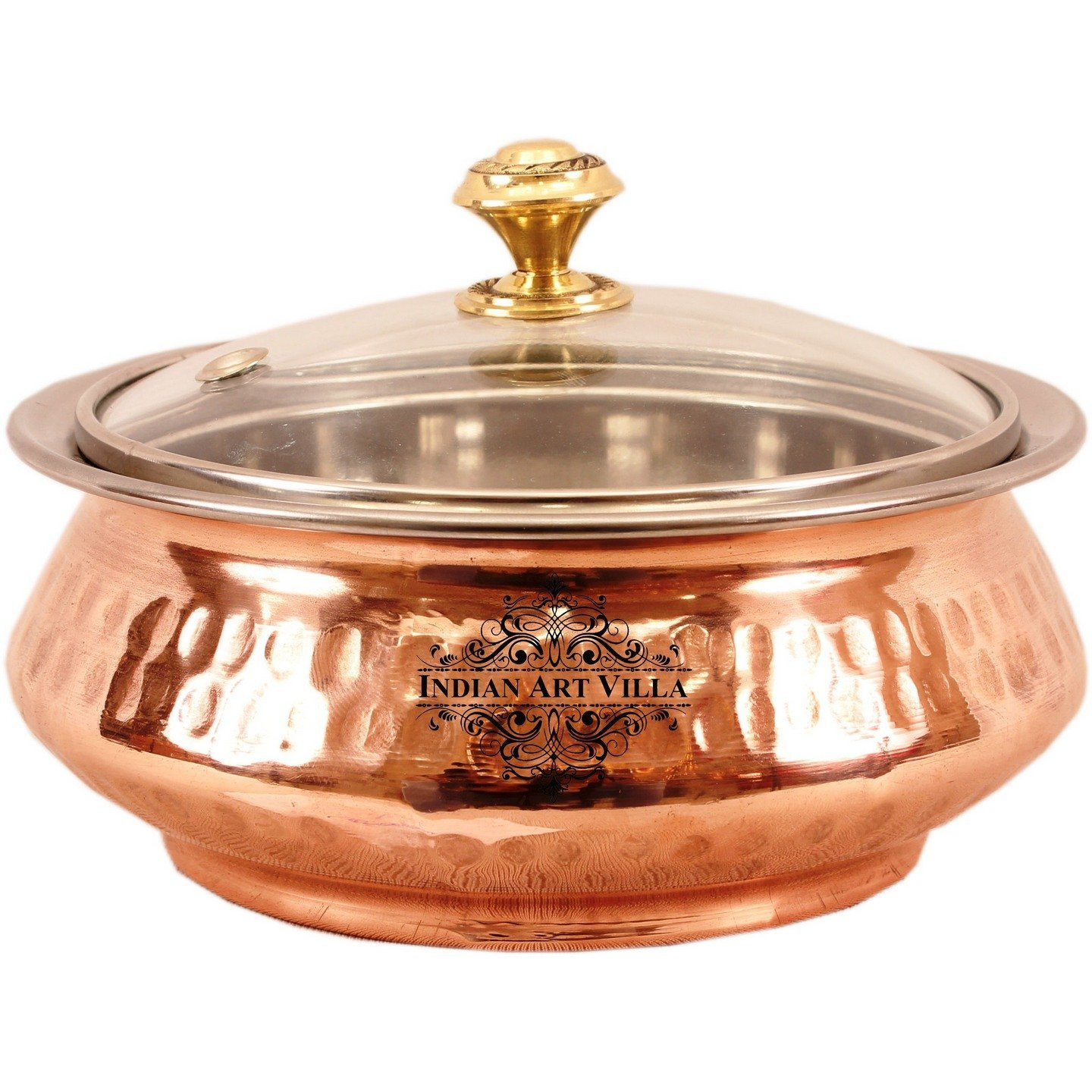 Indian Art Villa Steel Copper Mughlai Handi & Glass Lid 14 Oz