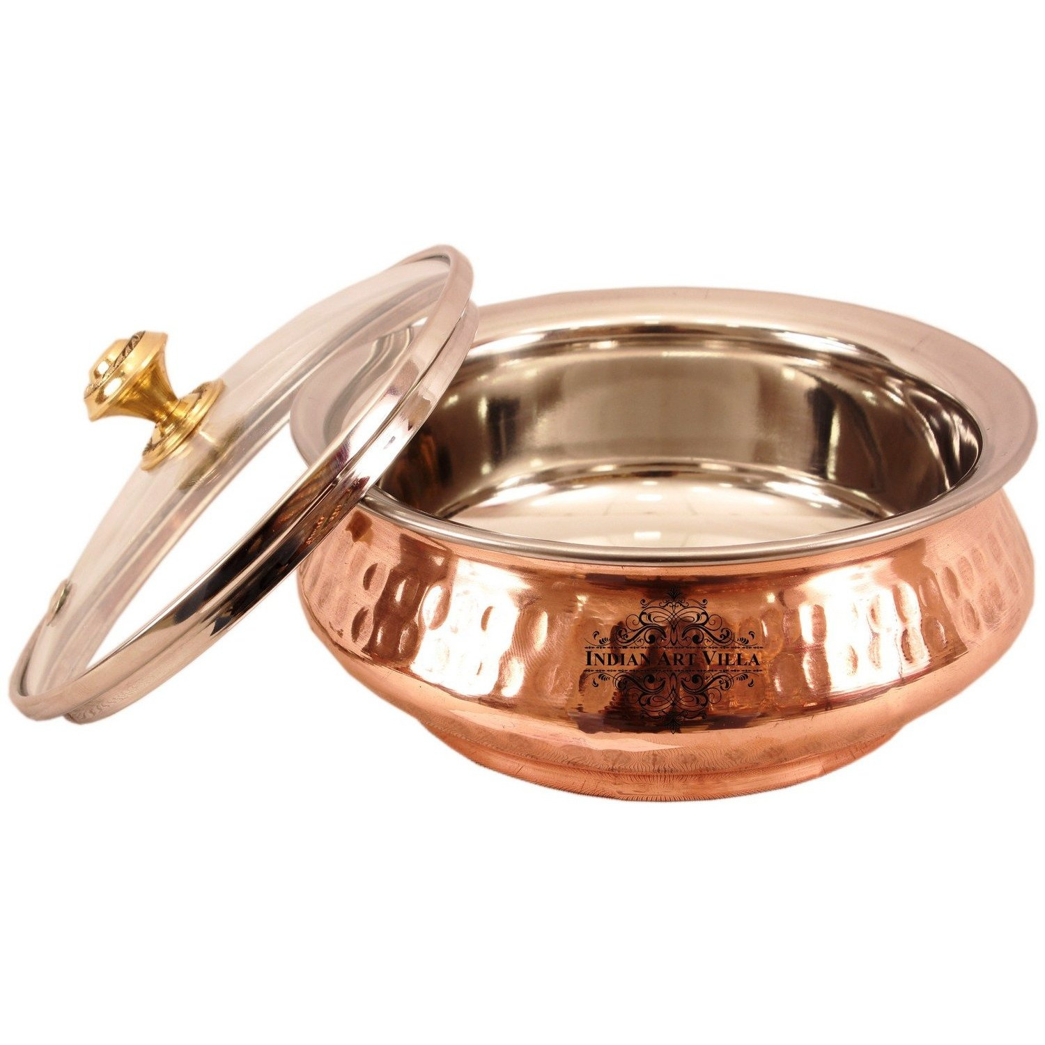 Indian Art Villa Steel Copper Mughlai Handi & Glass Lid 14 Oz