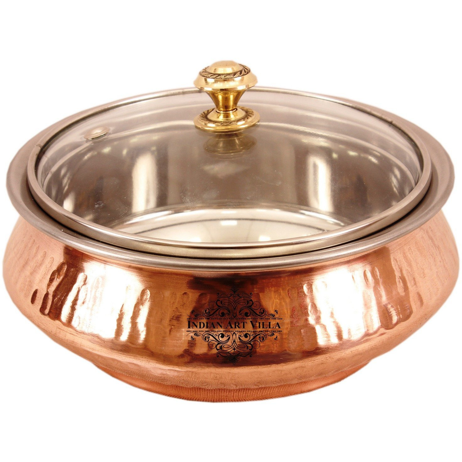 Indian Art Villa Steel Copper Mughlai Handi & Glass Lid 18 Oz
