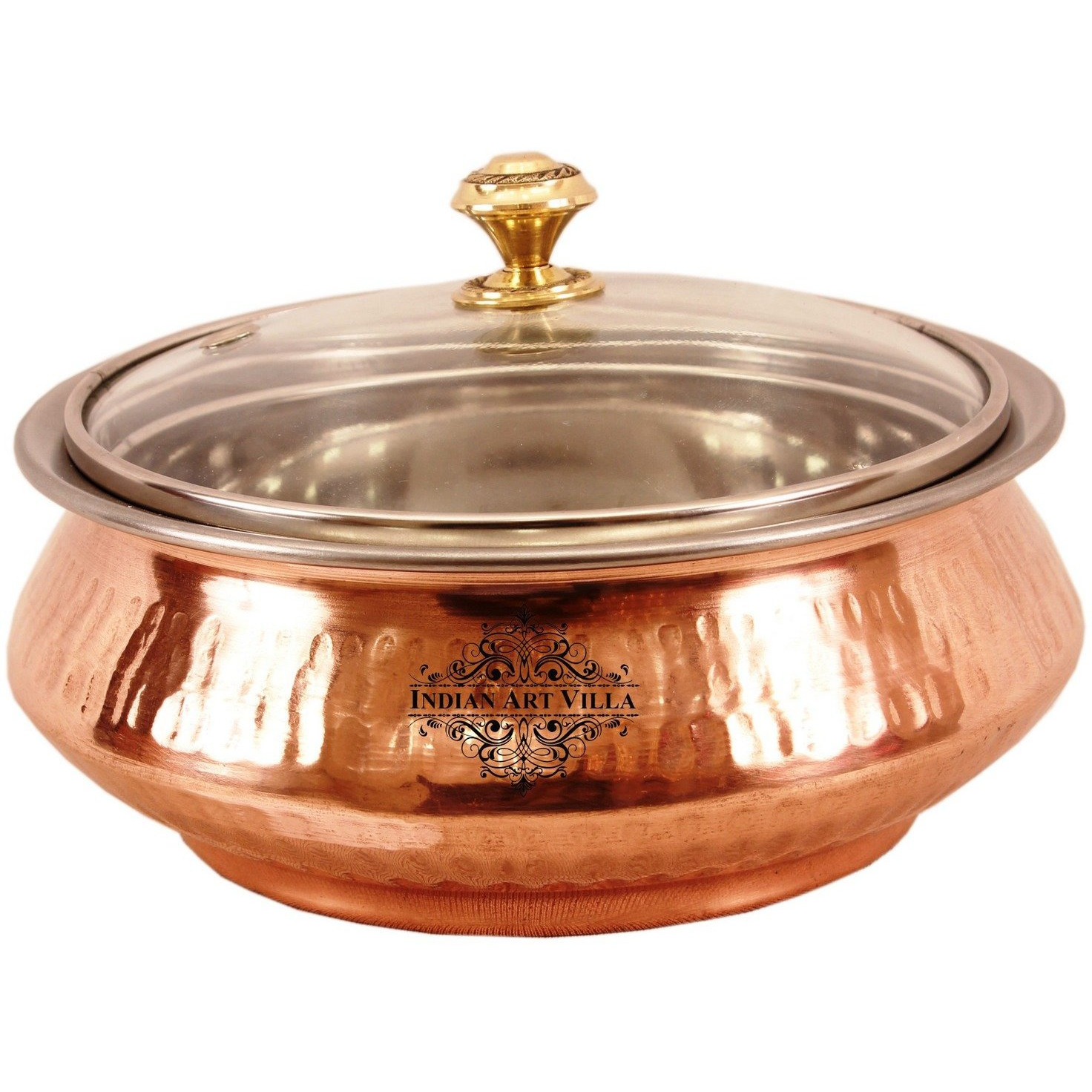 Indian Art Villa Steel Copper Mughlai Handi & Glass Lid 18 Oz