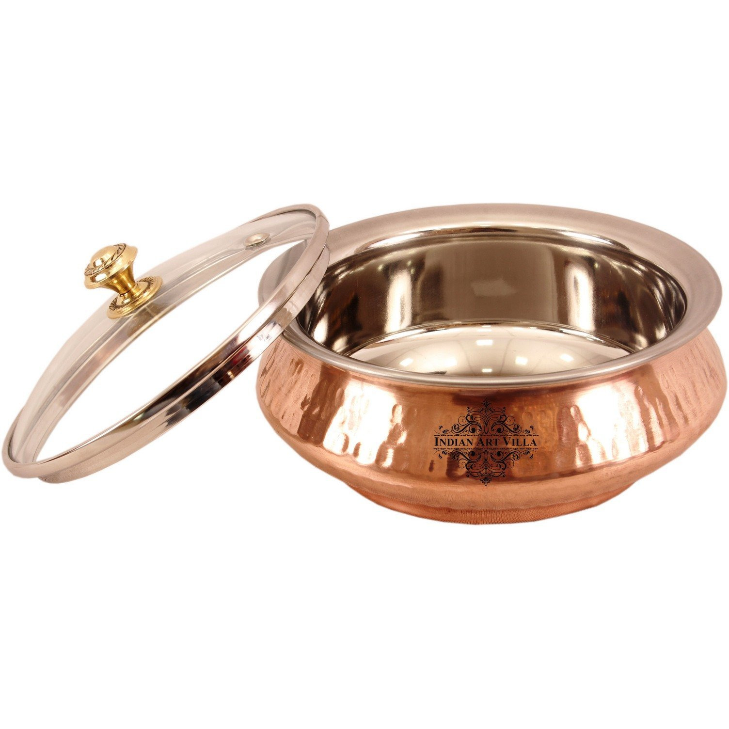 Indian Art Villa Steel Copper Mughlai Handi & Glass Lid 18 Oz